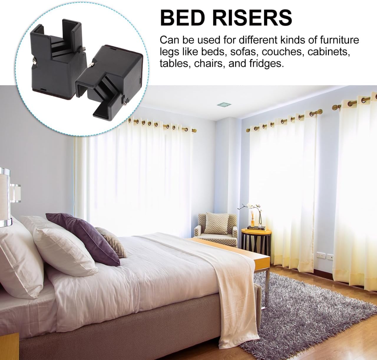 Amosfun 6 Pcs Adjustable Bed Risers Furniture Desk Riser Blocks Heavy Duty Table Leg Black ABS Steel Velour 0.4-1.46 Inch Width Home Use