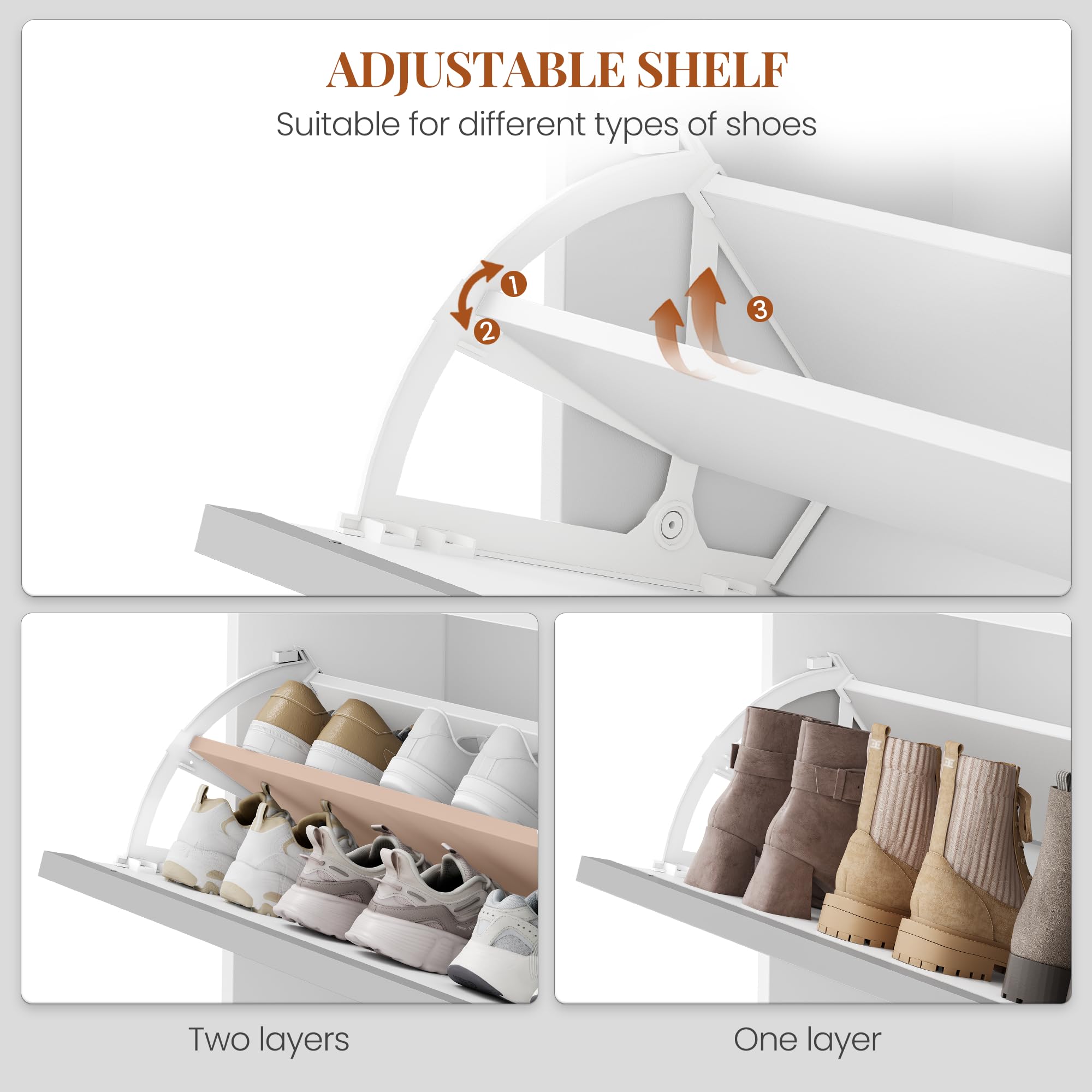 HEXCELEN Zapatero Estrecho con 3 Puertas Abatibles, Mueble para Zapatos con Compartimento Abatible, Separador Ajustable, para 12-18 Pares, para Pasillo, Entrada, 60 x 24 x 145 cm, Blanco