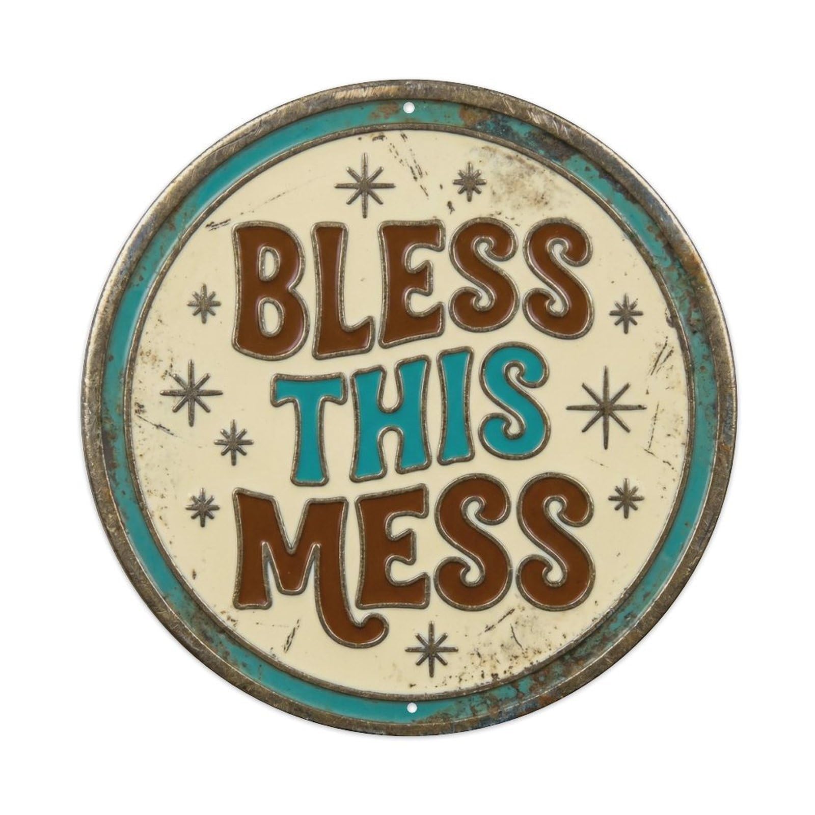 Cmhok Vintage Style Bless This Mess Vintage Living Ornament Retro Slogans Metal Tin Sign Plaque Wall Decor For Cafe, Club, Garden Round Metal Poster 8X8inch