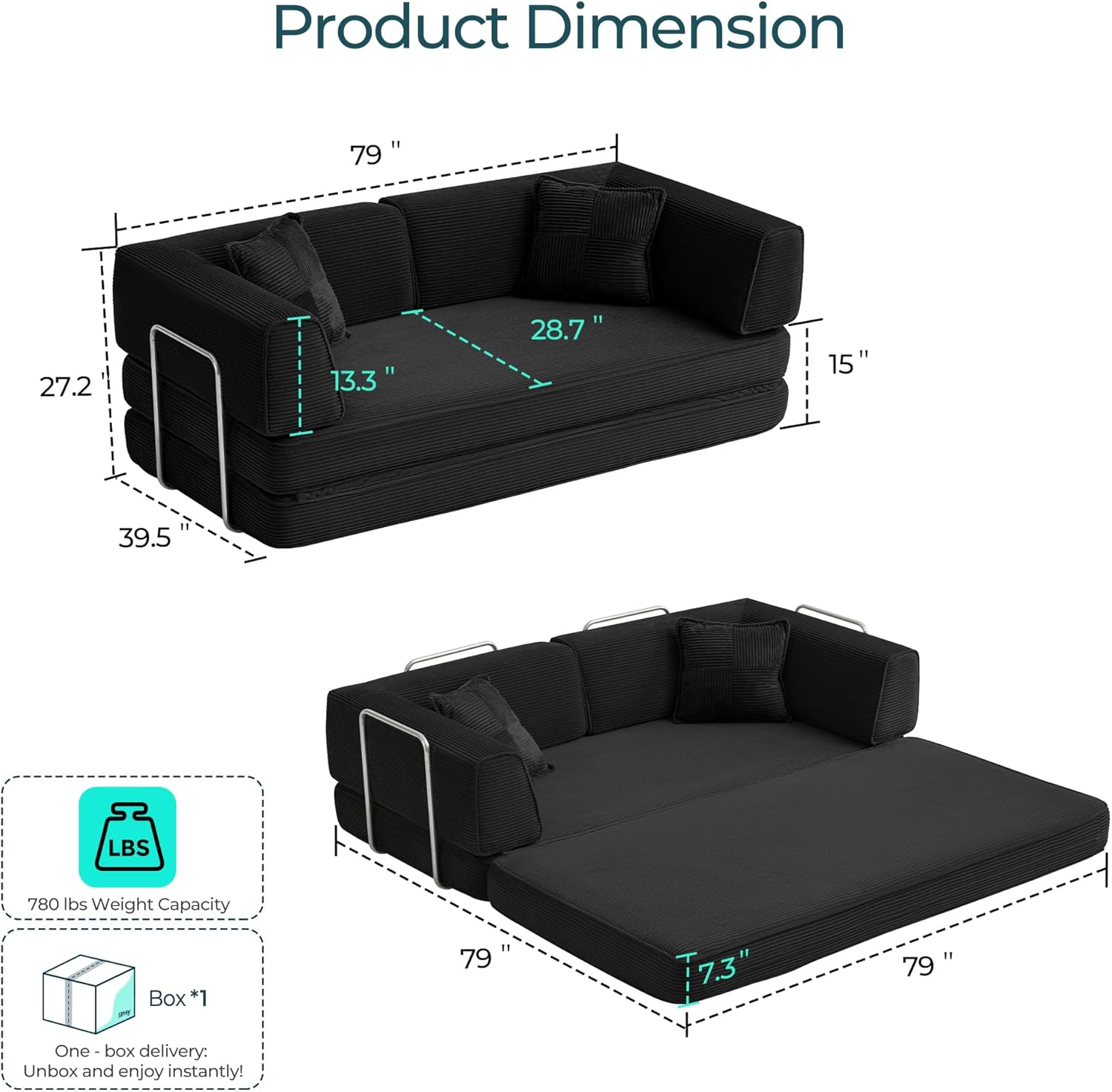 LINSY HOME Sofa Bed Couch - Convertible Boneless Couch Bed with 2 Pillow (Black) | Folding Sofa Bed, Corduroy Material, No Assembly, Compressed Sofa, Couch in a Box