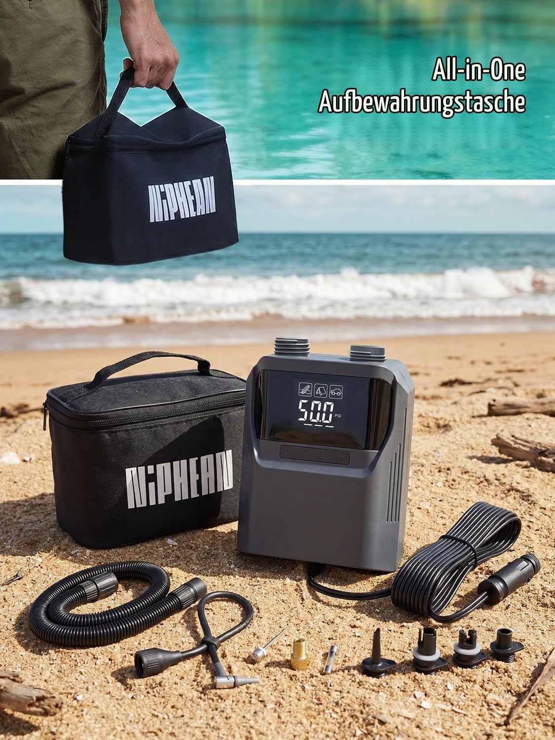 Niphean Elektrische Luftpumpe SUP mit (Extra-Langem) 300cm 12V Kabel, 50PSI SUP Pumpe Elektrisch für Auto&Luftmatratze, Luftpumpe Elektrisch für Aufblasen&Ablassen, Elektrische Pumpe mit Tragetasche
