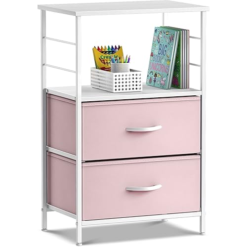 Sorbus 2 Drawer Shelf Storage Nightstand - Kids Bedside Furniture End Table Night Stand with Steel Frame Wood Top & Easy Pull Fabric Bins, Dresser & Chest for Home Bedroom Accessories Office & College