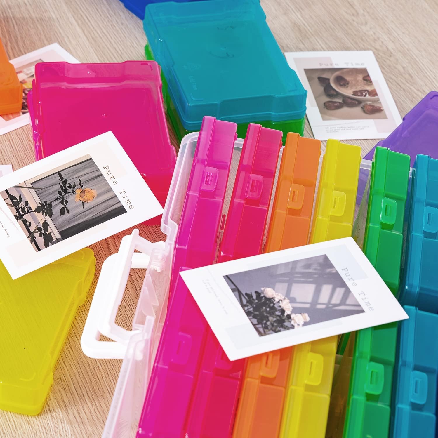 Fotoaufbewahrungsbox mit 16 innere Fotohalter, 17 × 12 cm Fotoetui, Mehrfarbige Durchsichtige Fotoboxen, zur Aufbewahrung von Saatgut Handwerk Karten, Bürobedarf (1×Aufkleber)