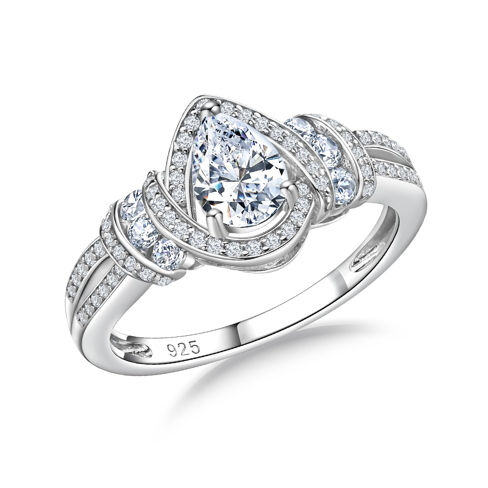 DAYBYDAY Pear Birthstone Rings for Women 925 Sterling Silver Created Gemstone Pear Shaped Engagement Ring Split Shank Anniversary Wedding Rings for