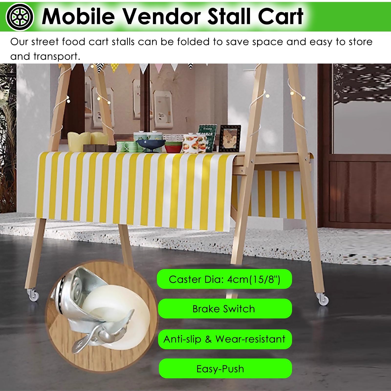 Quiosco plegable de madera para mercados con ruedas para venta ambulante en festivales, playas y mercados de agricultores