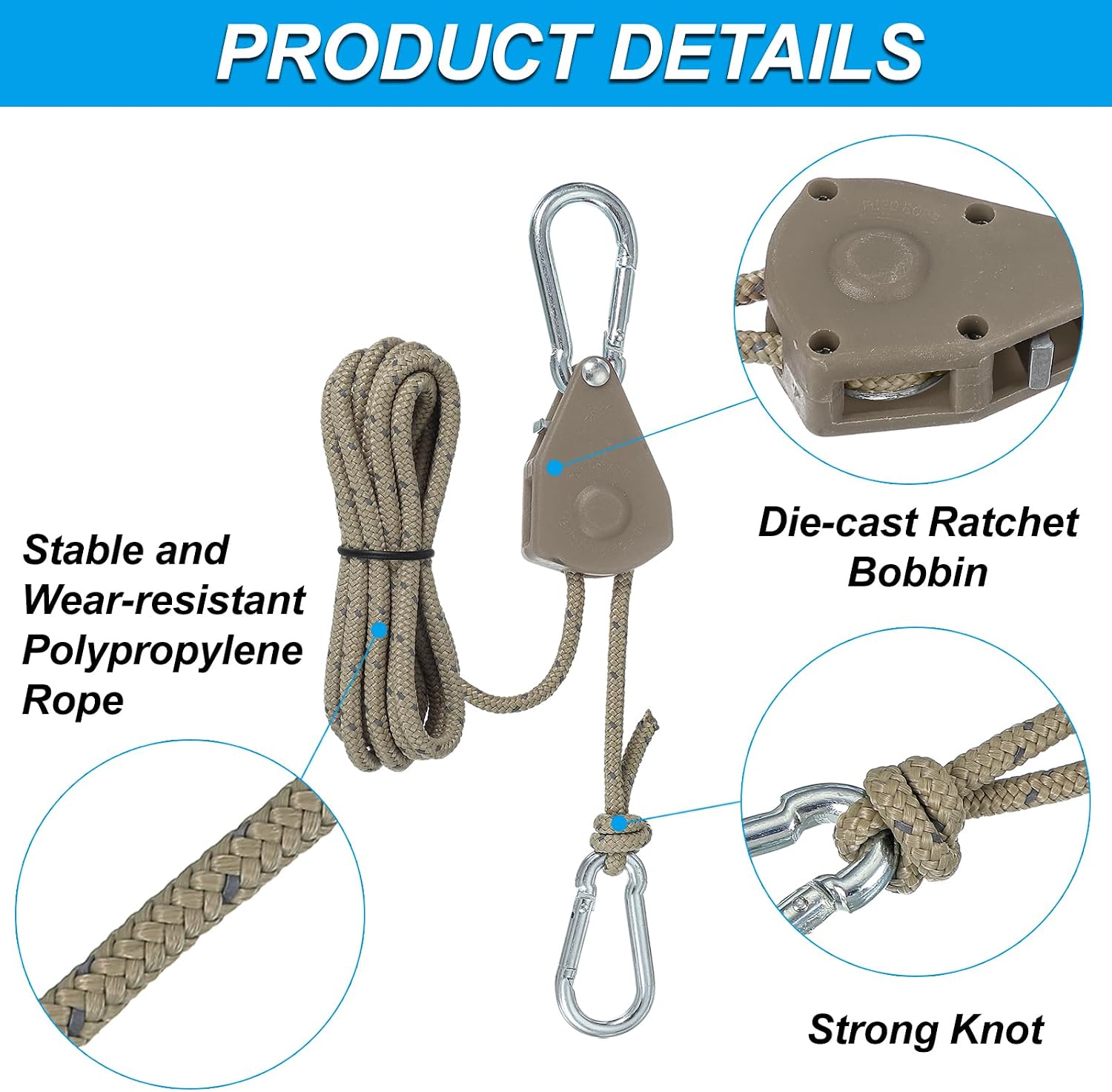 PATIKIL 4 Pcs Adjustable Rope Hanger, 1/8" x 7ft Ratchet Grow Light Hangers Reflective Reinforced Internal Gear Ratchets for Hanging Kayaking, Coffee image 5