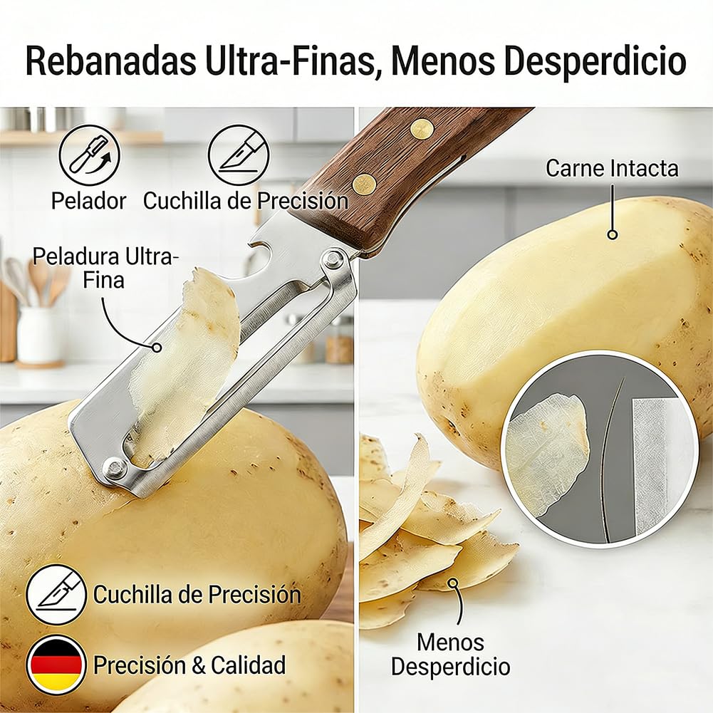 Pelador Multifuncional 3 en 1 con Mango de Madera Ergonómico, Pelador de Patatas y Frutas de Acero Inoxidable con Abrebotellas y Función de Cortador para Embutidos y Verduras - Zero Snag (2) — view 3