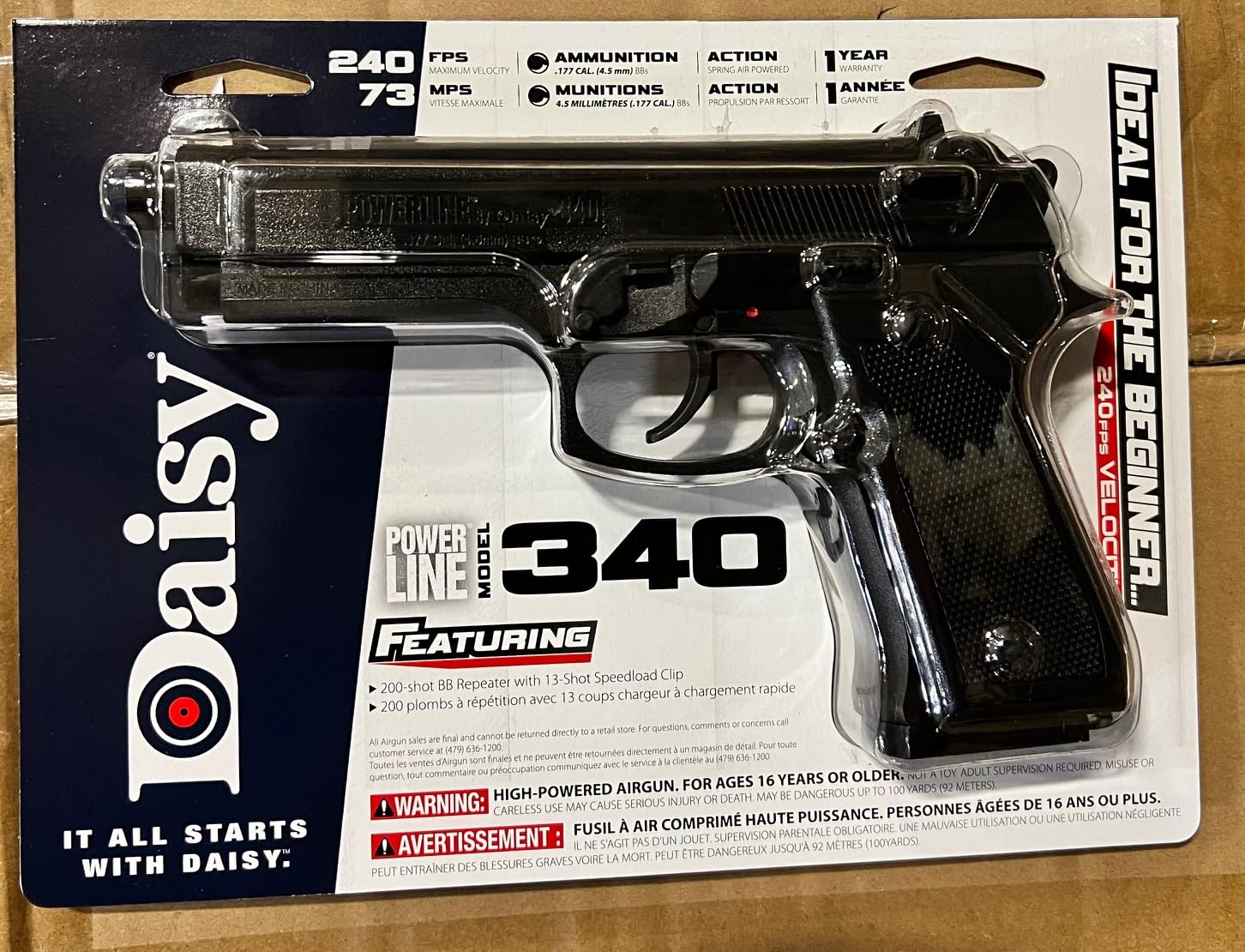 DAISY Pack 340 Powerline - Pistola de Aire comprimido (Muelle) de balines/perdigones BBS de Acero 4.5mm | Réplica Beretta 92 <3,5 Julios