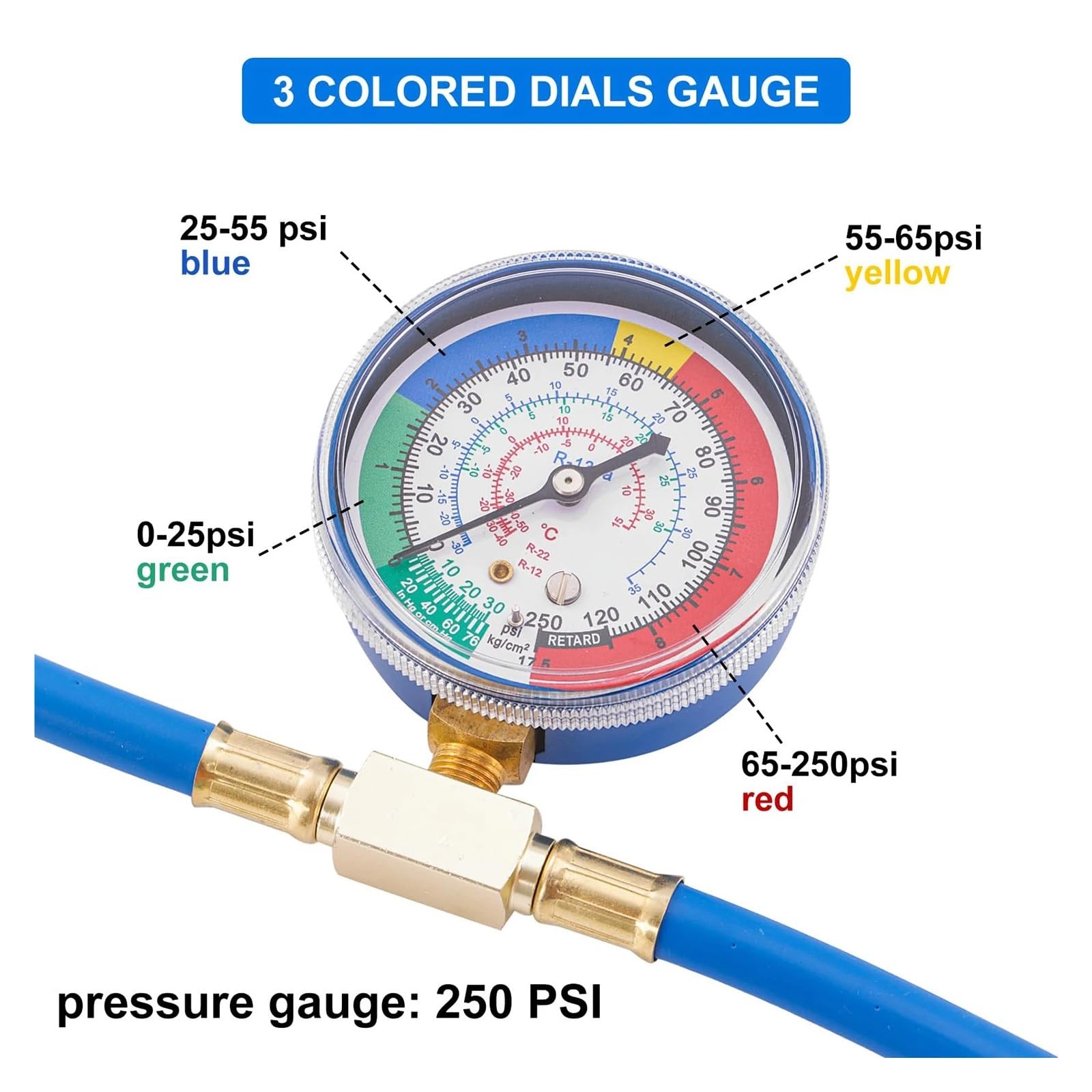 Kit de Manguera de Recarga de Aire Acondicionado R134A con manómetro, Manguera de Carga de refrigerante, Recarga de Gas for automóvil Lecturas estables | Length 150 cm