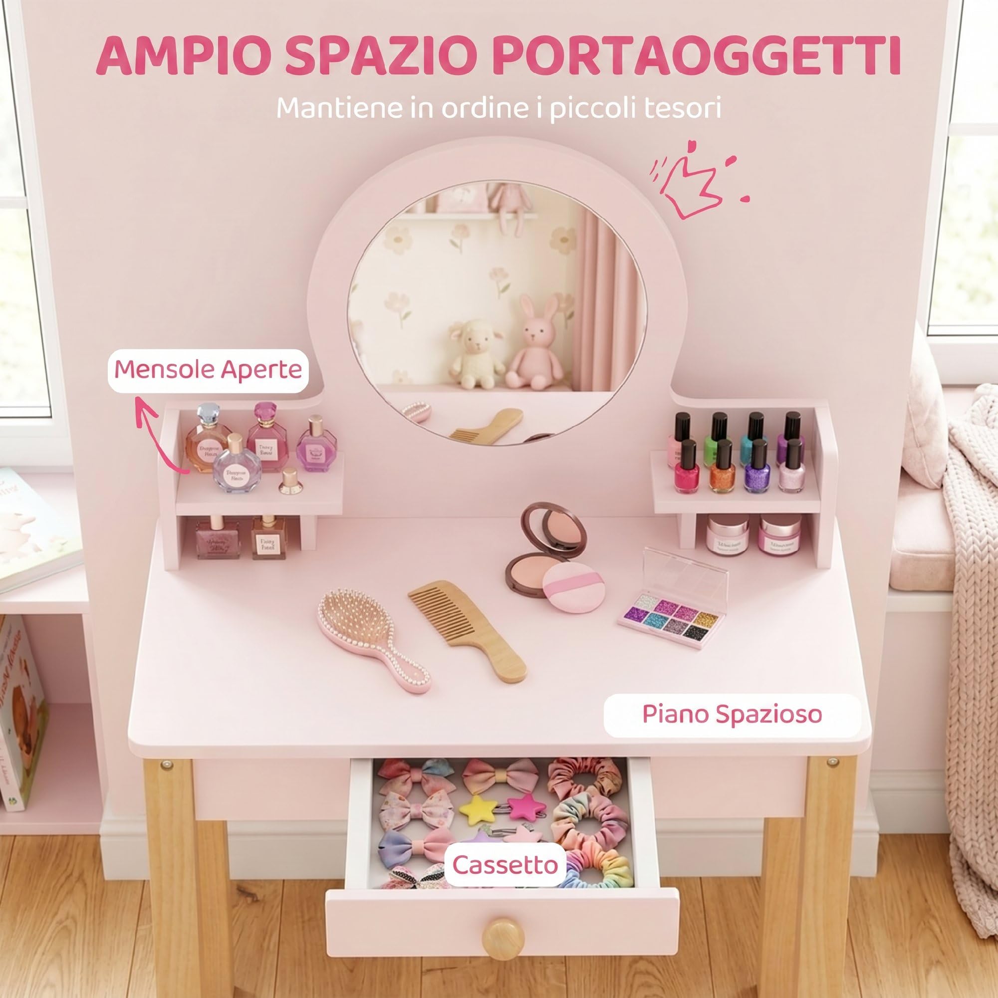 AIYAPLAY Set Toeletta Trucco Bambina 2 in 1 con Sgabello 3-6 Anni Rosa | Postazione Tavolo Trucco in Legno, Specchio in Acrilico, Cassetto, 2 Ripiani, Bordi Arrotondati
