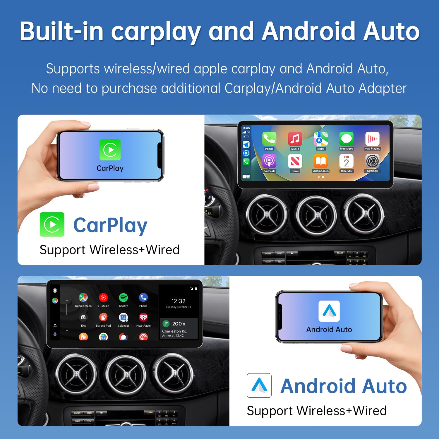 Road Top Ekran CarPlay, 12,3-calowe radio samochodowe stereo dla Mercedes Benz A/B GLA CLA W176 W246 C117 X117 X156 z NTG 4,5/4,7(2013-2015 rok)