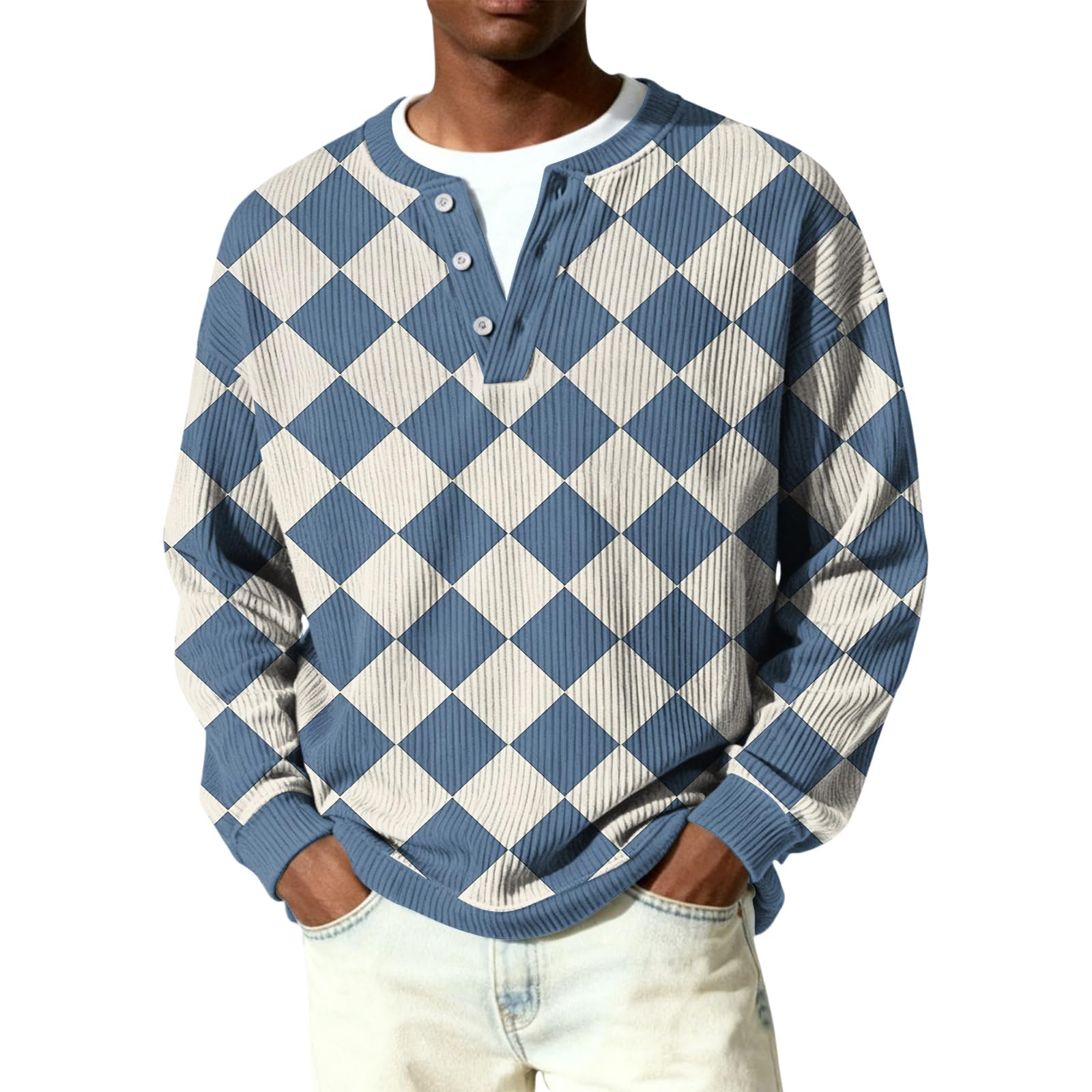 Pull Henley en matériau côtelé avec imprimé losanges géométriques pour homme chic