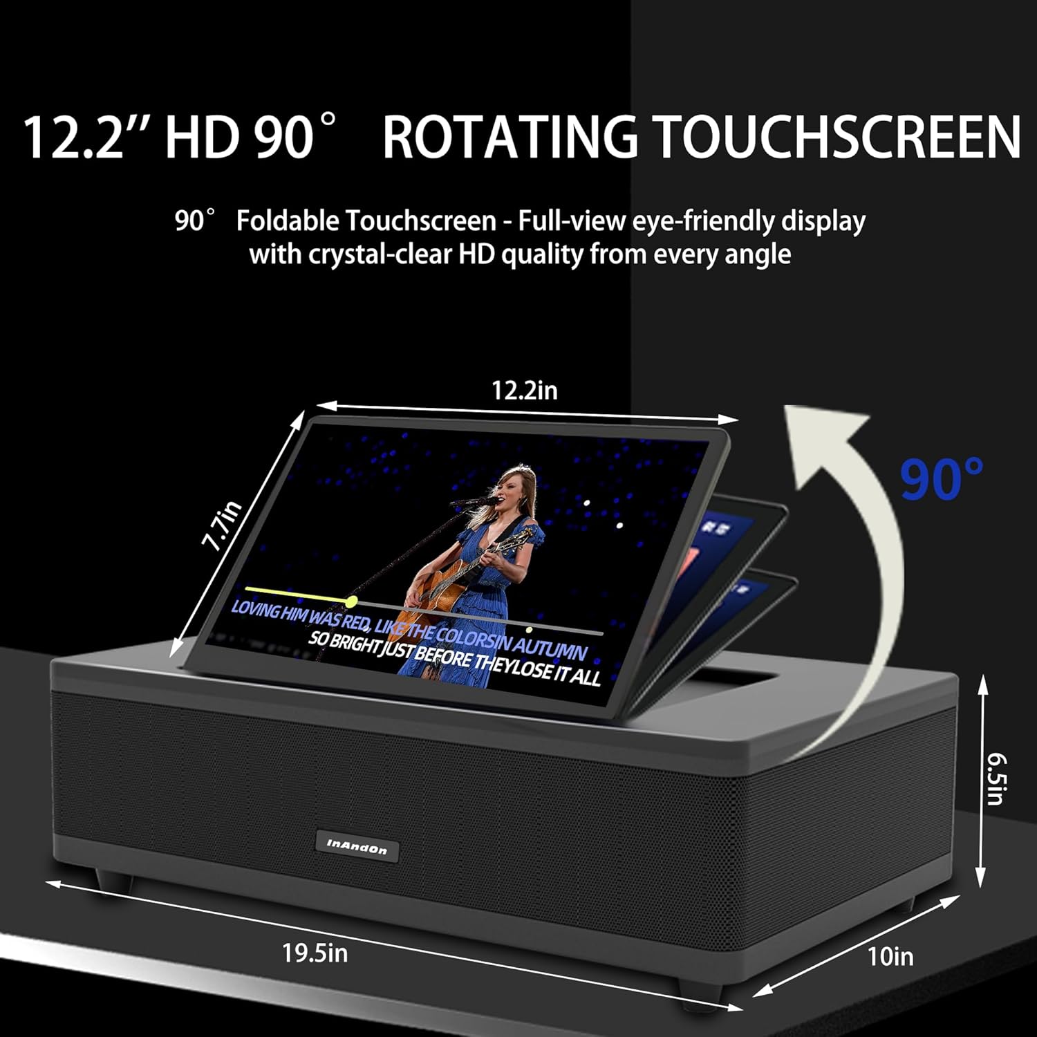 Image showing the 12.2 inch HD touchscreen of the InAndOn M6 Karaoke Machine rotating 90 degrees, with dimensions indicated.