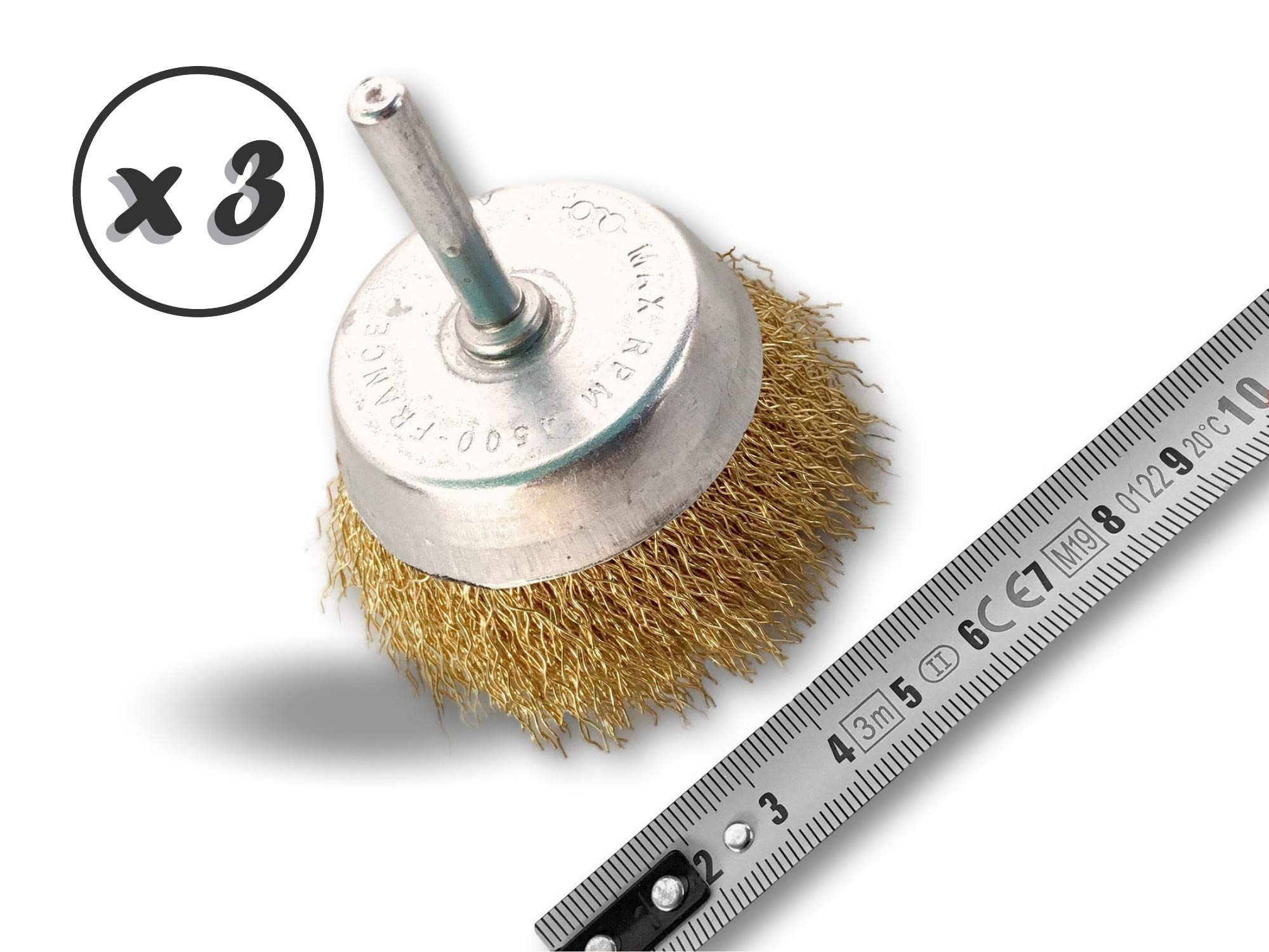 Metalowa szczotka obrotowa do cięcia Ø 75 mm | Zestaw 3 | Na pręcie Ø 6 mm | Drut mosiężny Ø 0,30 mm twardy | Do wiertarki lub wkrętarki z uchwytem | Kibros 2575LTx3