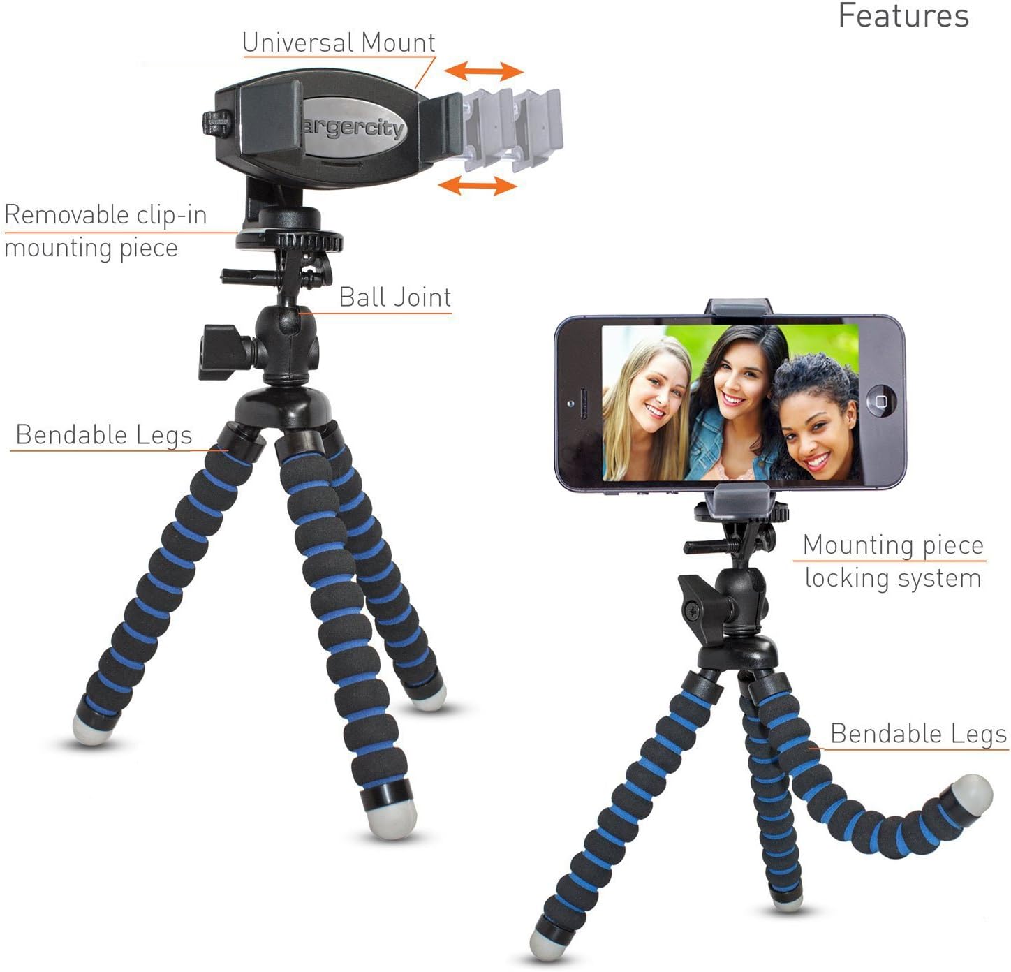 ChargerCity MegaGrab2 Flexible Tripod Periscope Selfie Kit for Apple iPhone 14 13 12 11 MAX PRO Samsung Galaxy Note S22 S21 Oneplus (Holder can Expand up to 3.6 inches)