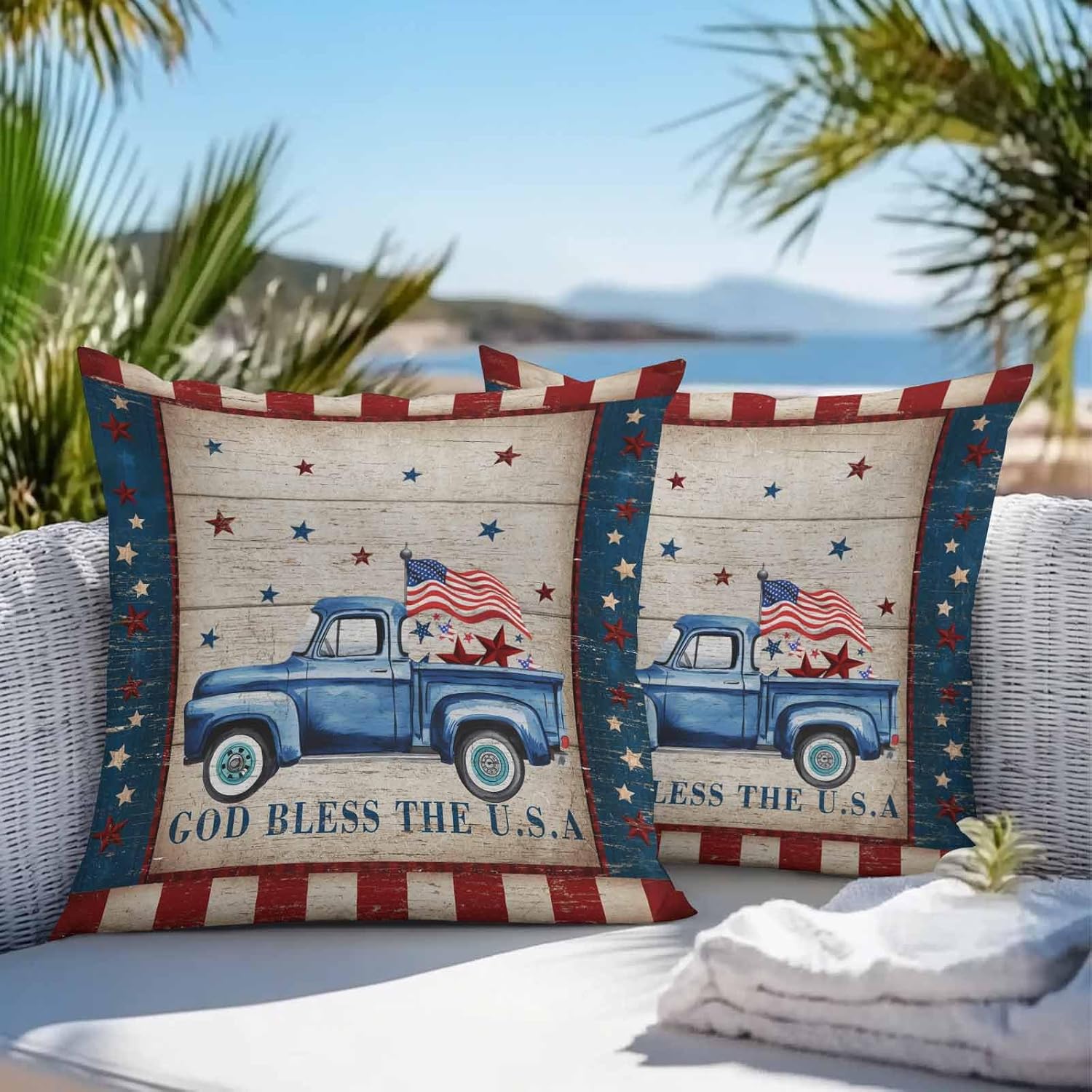 Patriotic Outdoor Waterproof Throw Pillow Cover Independence Day Blue Truck USA Flag Stars Decorative Pillows Cushion Covers Retro Wood Grain 2 Pack Pillow Cases for Patio Garden Balcony 20x20In