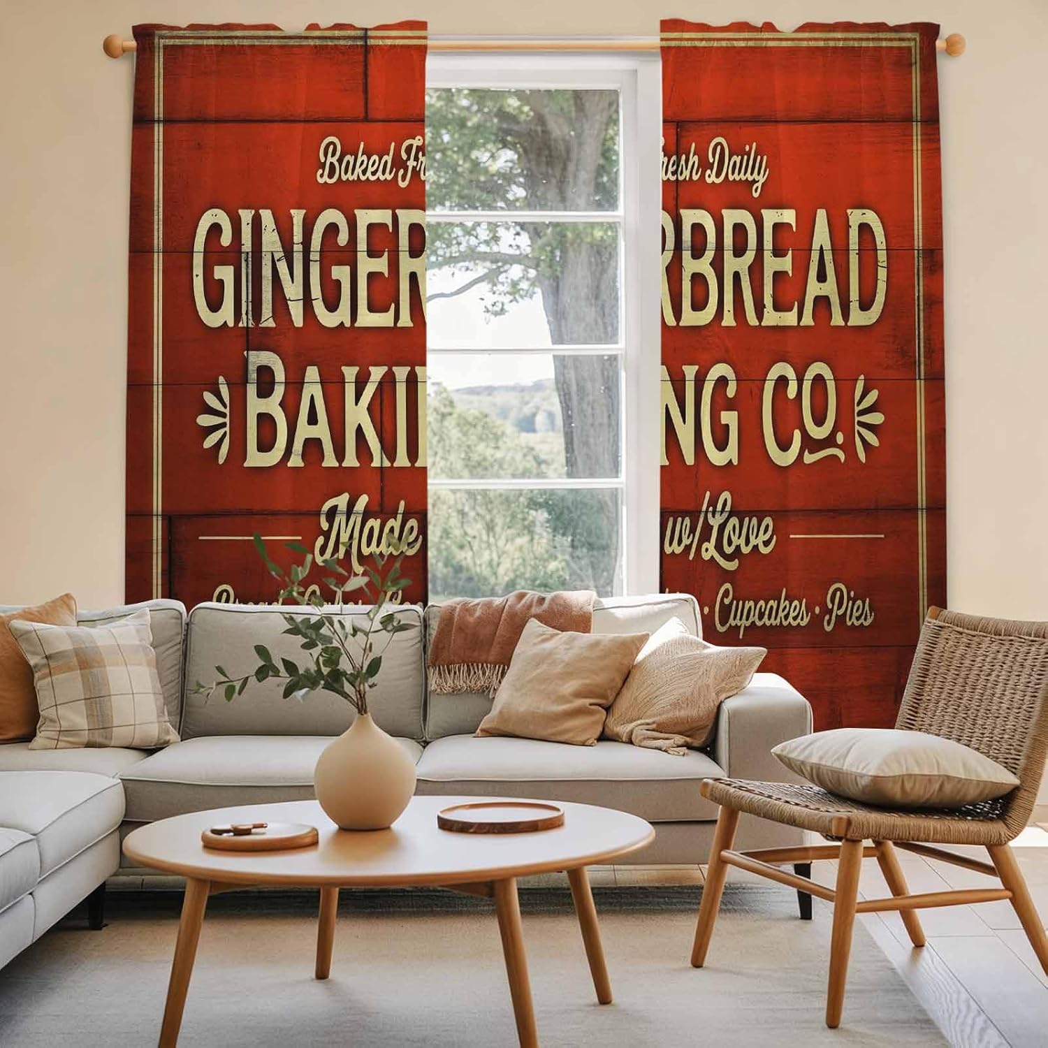 Christmas Winter Window Curtains 72 Inch Long 2 Panel Set, Rod Pocket Long Curtains & Drapes, Ginger Bread Retro Red Wooden Grain Light Filtering Window Treatment for Bedroom Living Room 52"W x 72"L