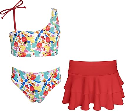Costume Da Bagno 3 Pezzi Per Ragazze - Bikini Monospalla Con Gonna E Fiocco - Foto 2