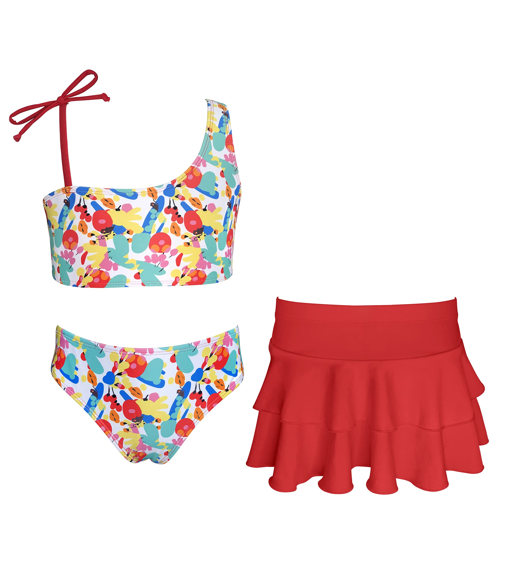 SHEKINI Trajes de Baño de Tres Piezas para Niñas con Falda Deportivo Ajustable Tankini Set con Triángulo Bikini Bottom Bañadores Traje de Baño de Playa para 6-14 Años