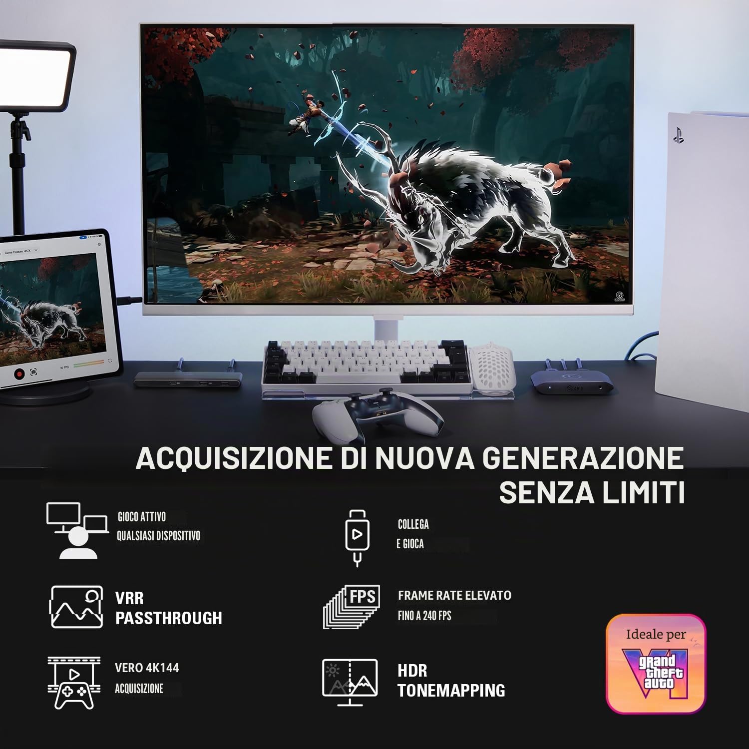 Elgato 4K X - Cattura 4K144 con Latenza Ultra-Bassa su PS5|Pro, Xbox Series X|S, Nintendo Switch 2, OBS e Altro, HDMI 2.1, VRR, HDR10, USB 3.2 Gen 2, per Streaming, Compatibile con PC|Mac|iPad | Password VRR, HDR10, acquisizione fino a 1080p240, USB 3.2 G