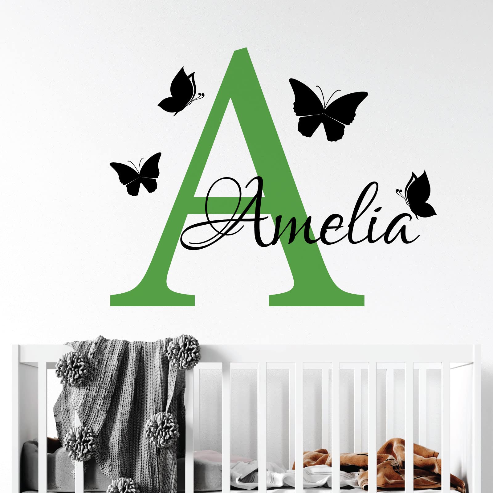 Personalised Name - Initial Letter and Butterflies - Baby Nursery Vinyl Wall Decal Sticker [Medium] [Grass] — image 1