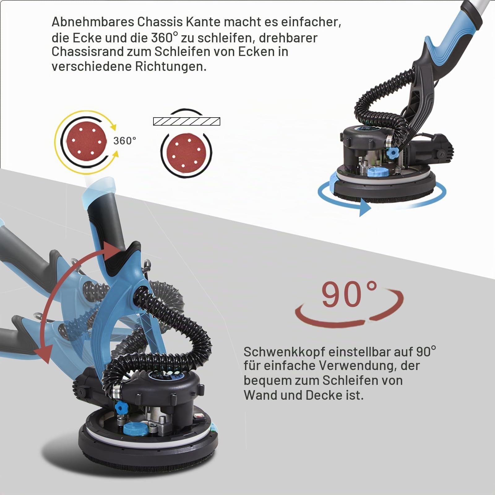 Giraffenschleifer, 750 W, professionell, mit automatischem Vakuumsystem und LED-Licht, Wand- und Teleskop-Deckenschleifer, Durchmesser 215 mm, 7 Geschwindigkeitsstufen, 900-1800 U/min (blau)