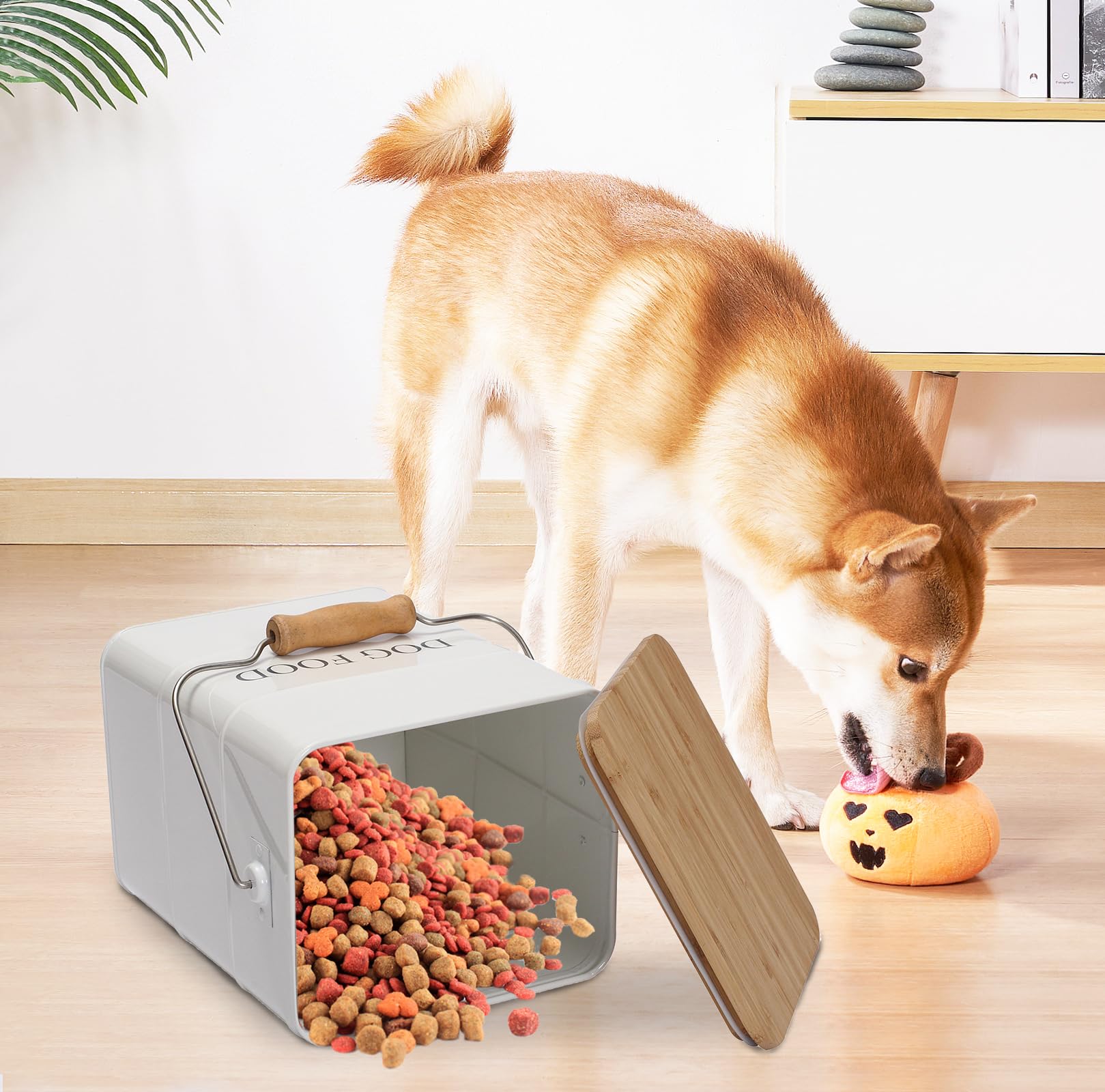 Geyecete Contenitore Crocchette Cane-6L Contenitore per Alimenti in Metallo con Ermetici Legno Coperchi/Maniglia,per Cibo per Gatti, Cani