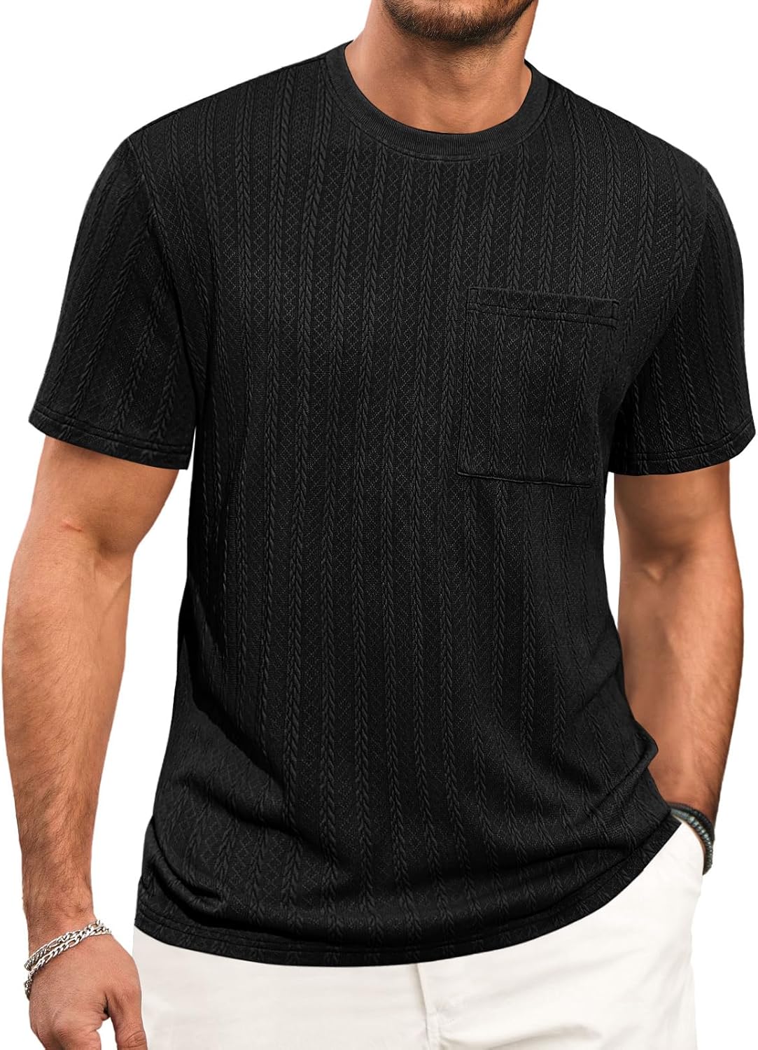 Runcati Mens Short Sleeve T-Shirts Casual Knit Texture Crewneck Pocket Tee Tops Loose Fit Summer Shirt