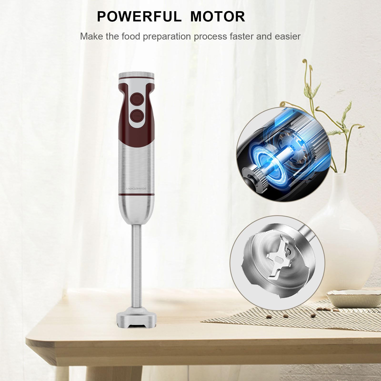 MegaWise 5-in-1 Stabmixer-Set, 400W Stabmixer mit variabler Geschwindigkeitsregelung, inklusive Schneebesen, Milchaufschäumer, Zerkleinerer und Messbecher für Smoothies, Suppen und Babynahrung – Rot