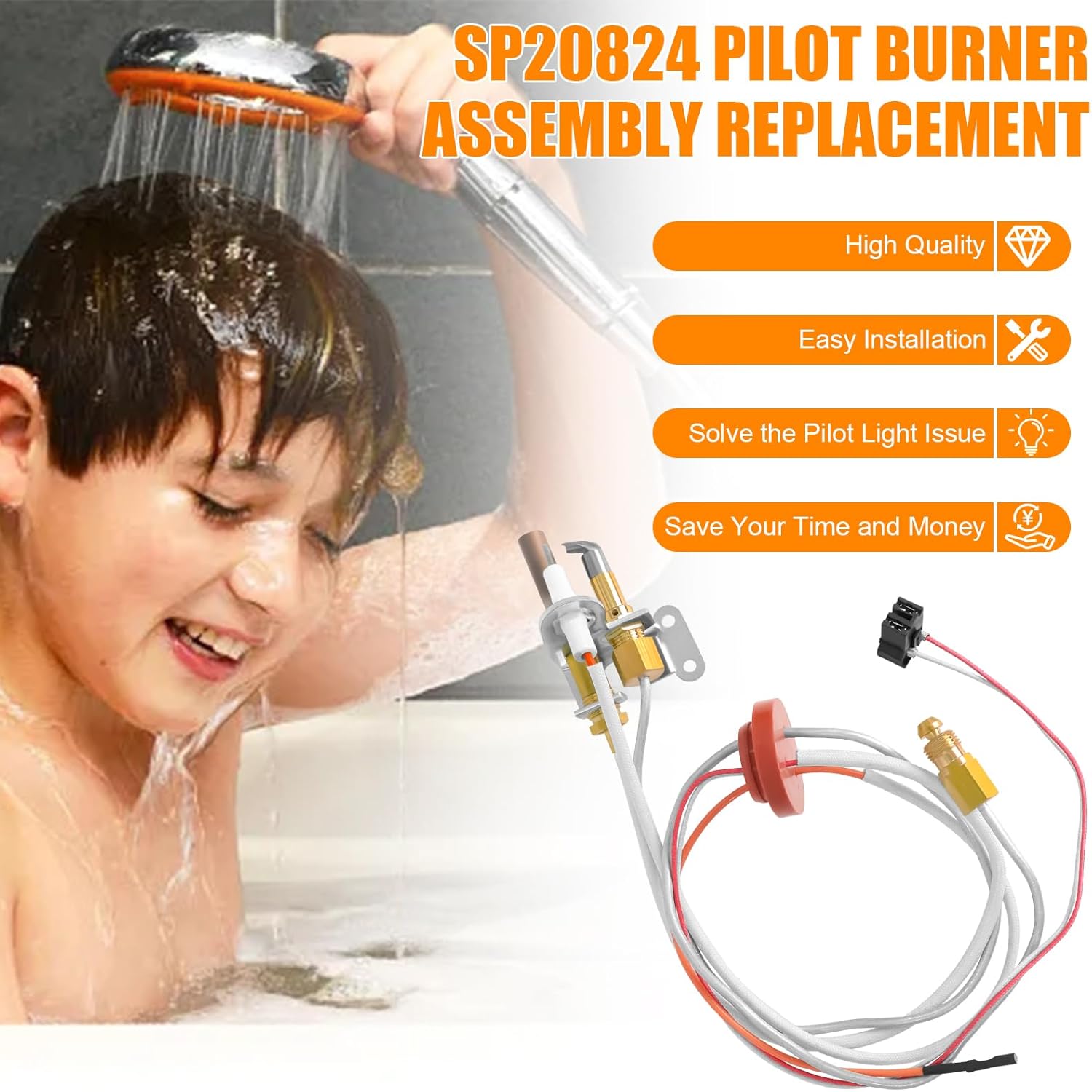 SP20824 Pilot Burner Assembly Kit Replacement SP20754, Compatible for Rheem Ruud and Richmond Water Heater Parts, NG with LP Orifice