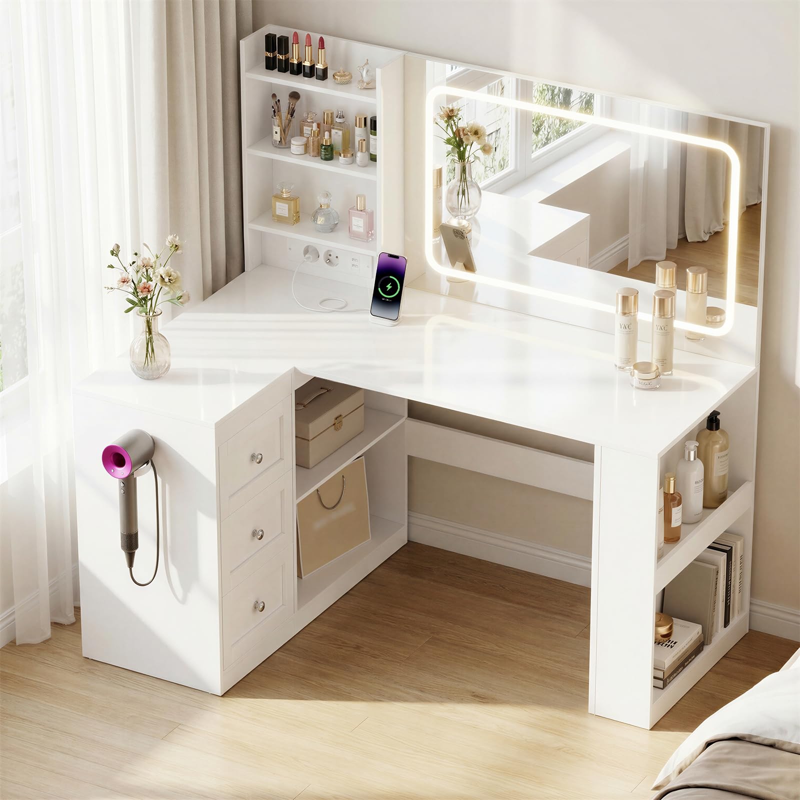 YOUDENOVA Tocador de Maquillaje Grande con Luz y Enchufes, Color y Brillo Ajustables, 86 x 61 CM Espejo con 3 Estantes y 3 Cajones, Mesa Maquillaje con 4 Compartimentos Moderno, 120x80x136cm, Blanco