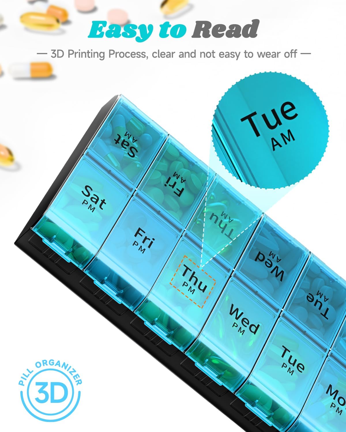 7 Day Extra Large Pill Organizer 2 Times a Day, Weekly Pill Box Twice a Day, XL AM PM Pill Case, Oversized Daily Medicine Organizer for Vitamin, Big Pill Container, Medication Dispenser (Cyan)