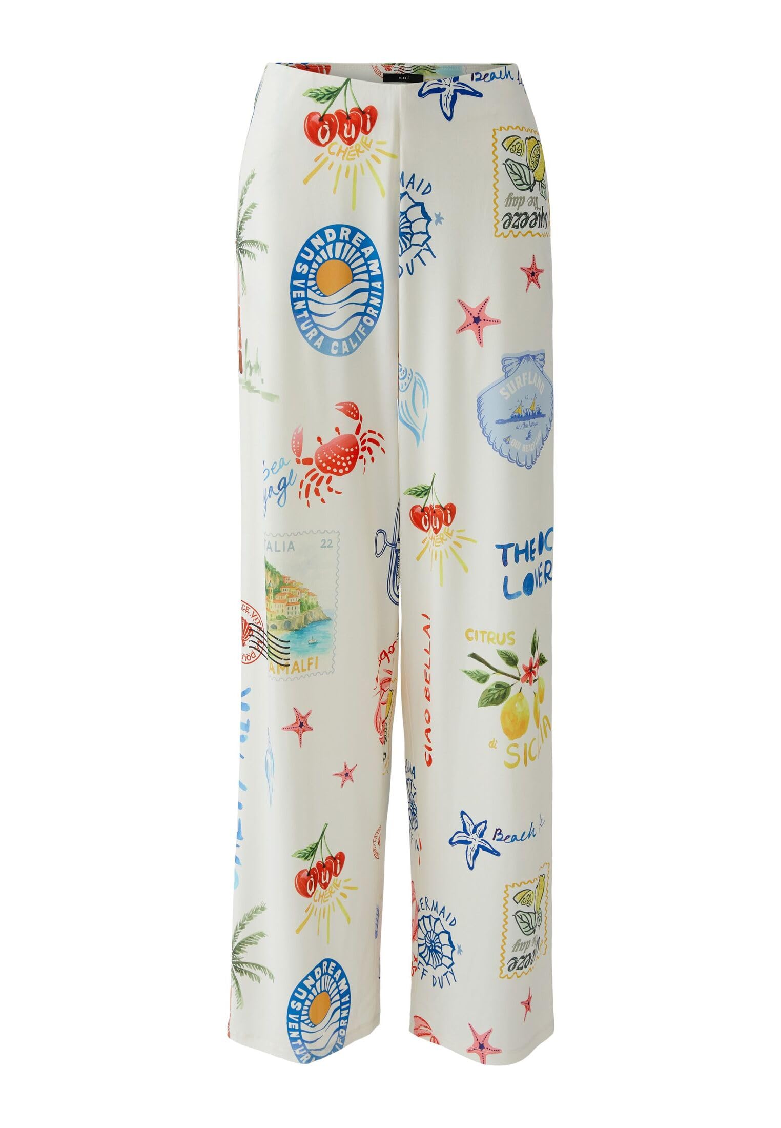 Oui Damen Marlenehose Silky Touch Loose/Comfort fit Platziertes Motiv