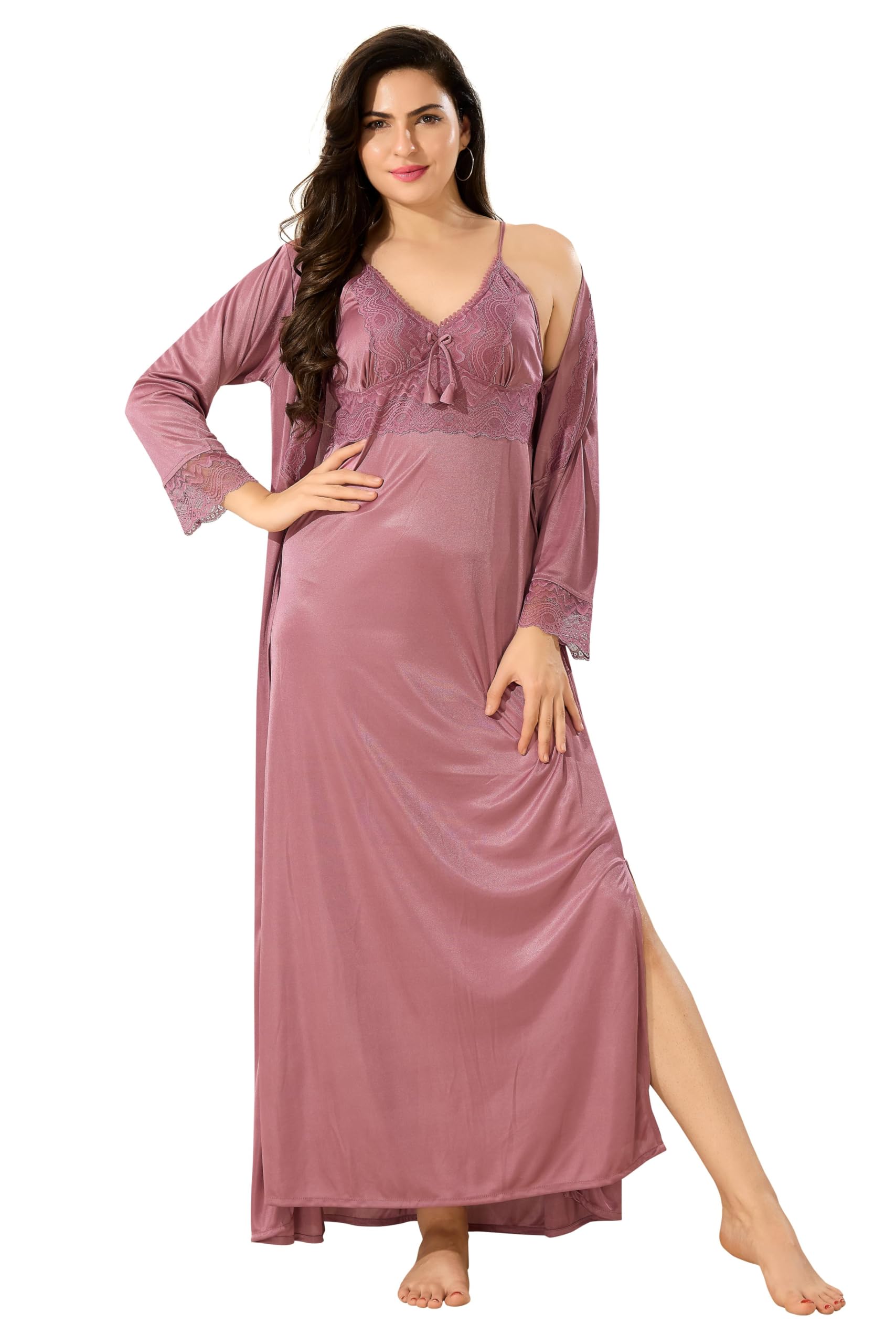 kattly Women's Satin Maxi Night Dress Full Sleeve Gown Comfortable & Fancy Sleepwear for Ladies Ankle Length Nightwear with Lace & Robe 2pcs Set-picture-13