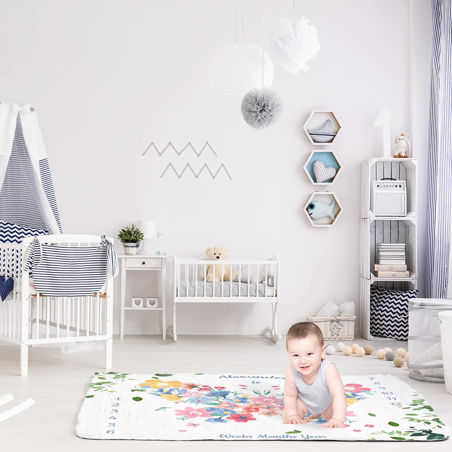 Artsadd Custom Baby Monthly Milestone Blanket with Name 40" x 50" - Personalized Butterfly Shaped Flowers Blanket with First Year Calendar Growth Chart - Newborns Receiving Blanket Shower Gifts
