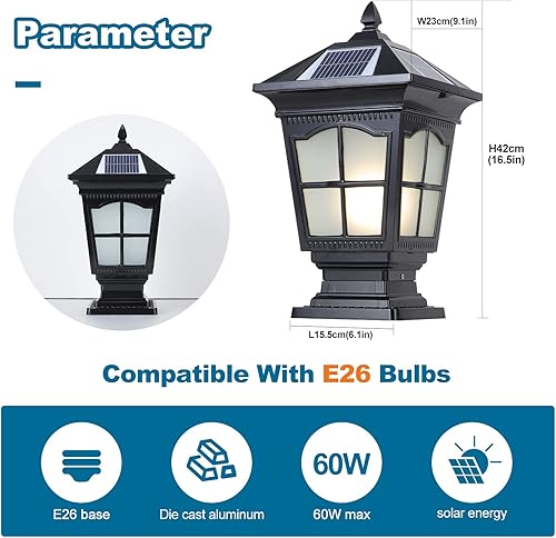 Miniatura 7 de DAHGEO Luces de poste para exteriores sensor de lámpara solar LED con base de alimentación 2 modos luces de columna para exteriores lámpara de