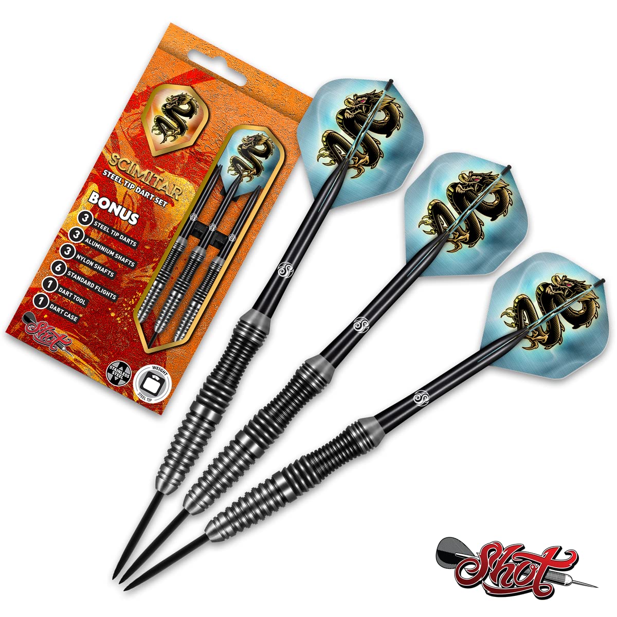 Shot! Darts Scimitar-Steel Tip Dart Set-24gm-Front Weighted-Stainless Steel Barrels