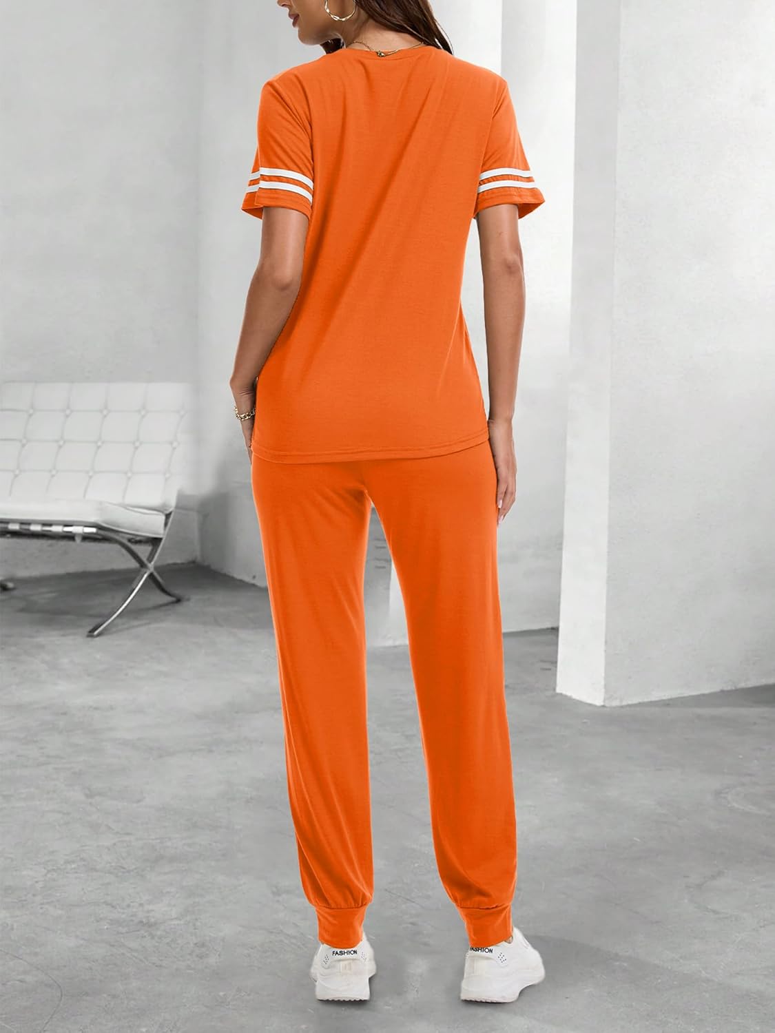 KBKBSN Women 2 Piece Outfits Summer Set Striped Short Sleeve Sweatsuits Crew Neck Pullover Lounge Tracksuit with Pocket Orange XL - Image 3