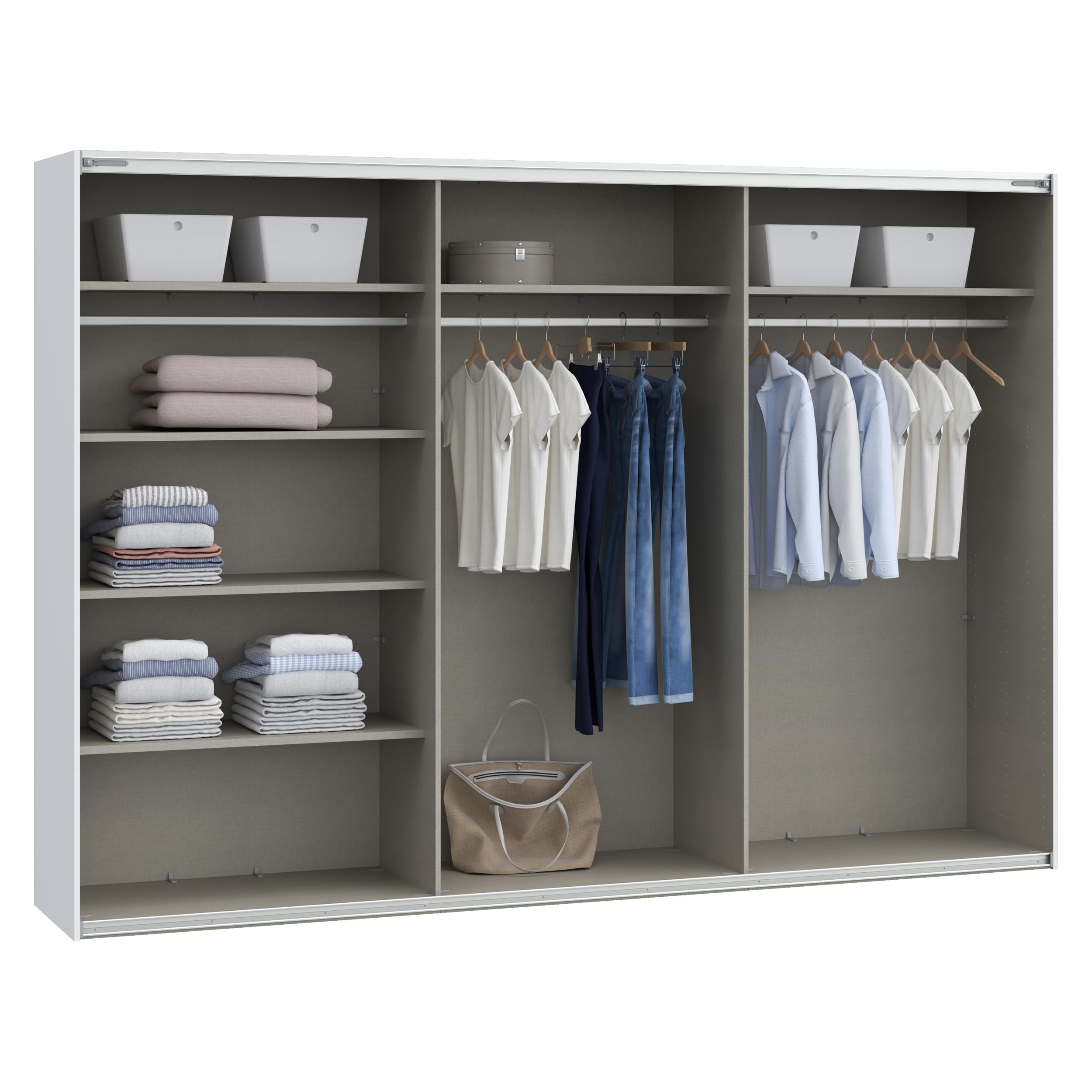 Forte SOPHISTISPACE Kleiderschrank 300, 3-türiger Schwebetürenschrank mit Spiegelfront, Einlegeböden und Kleiderstange, Weiß, 299,8 cm breit, 210,5 cm hoch, 62,9 cm tief