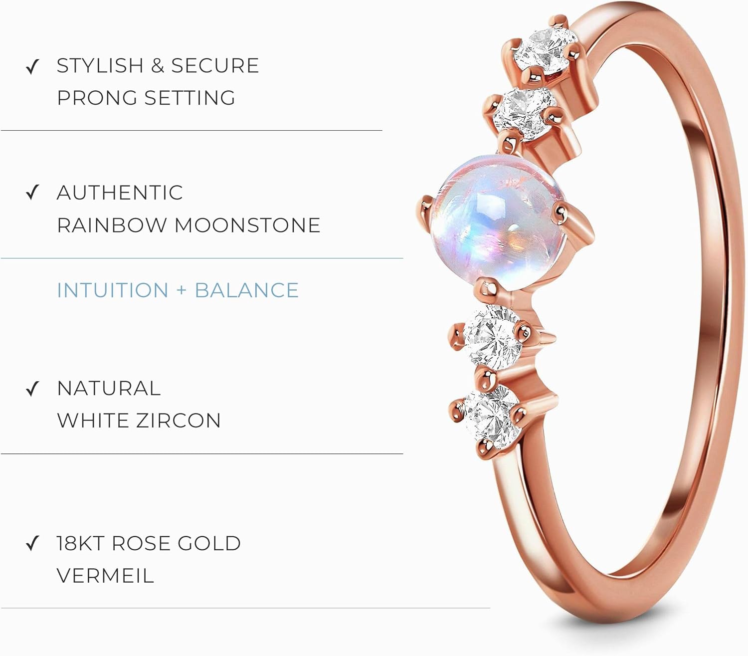 Moon Magic - Authentic Rainbow Moonstone Ring/Real 925 Sterling Silver - 18k Rose Yellow Gold June Birthstone Rings for Women/Genuine Gemstones - Image 3