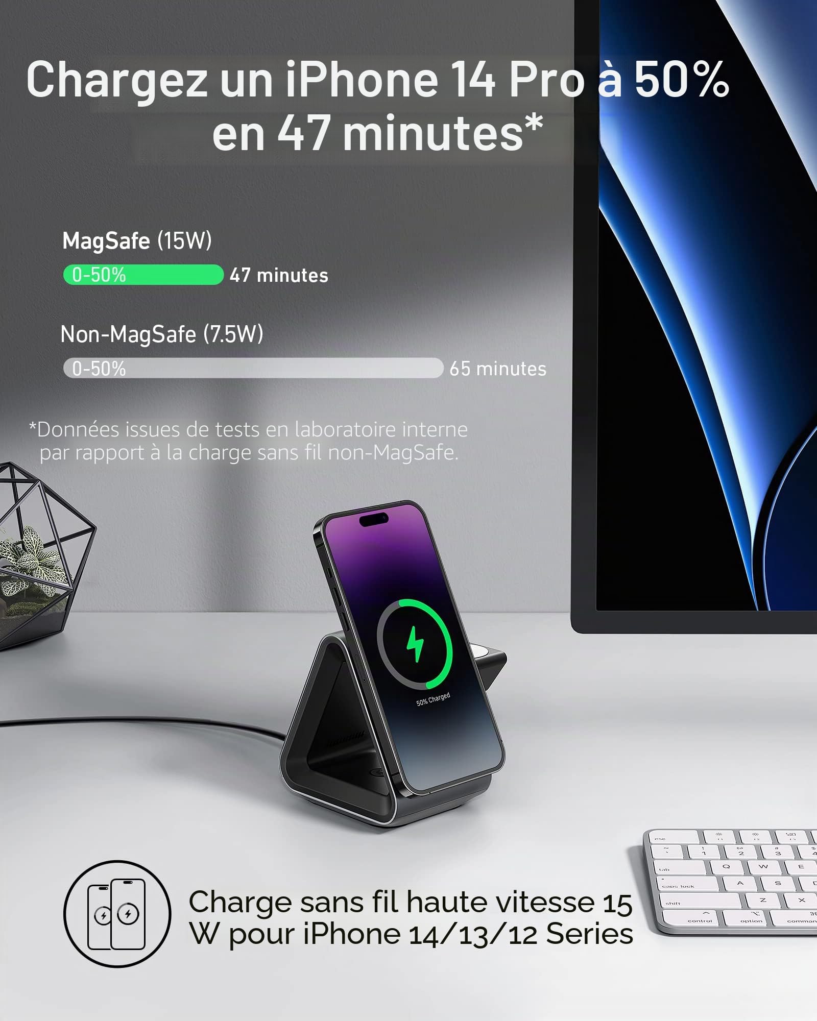 Chargeur MagSafe, Anker 737 MagGo Charger (Station 3-en-1) avec Charge Rapide 15 W Max certifiée MFi, pour iPhone 17/16/15 Series, Apple Watch S8/7/6, AirPods 3 / Pro (Chargeur USB-C 30 W Inclus)