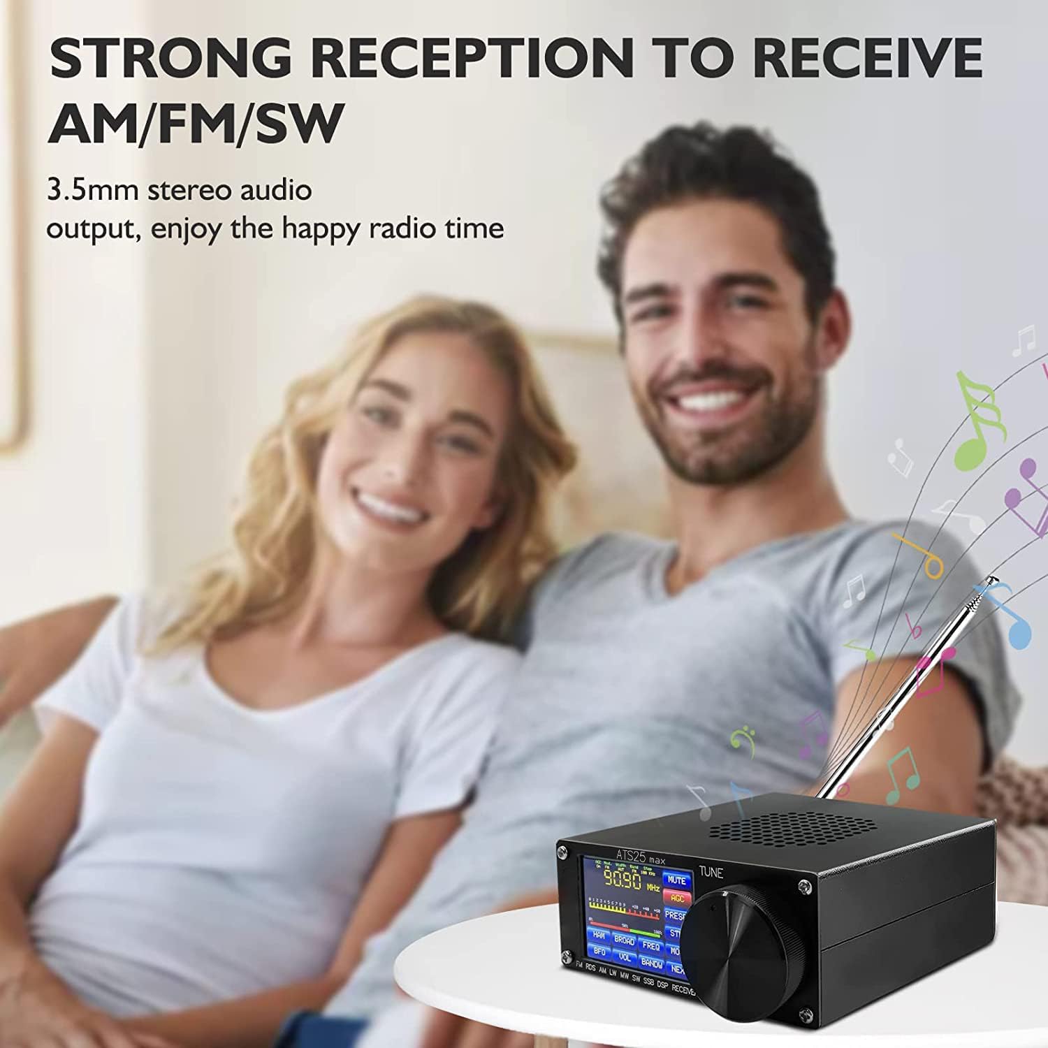 A couple listening to the ATS-25MAX radio, highlighting its strong reception capabilities for AM/FM/SW bands.