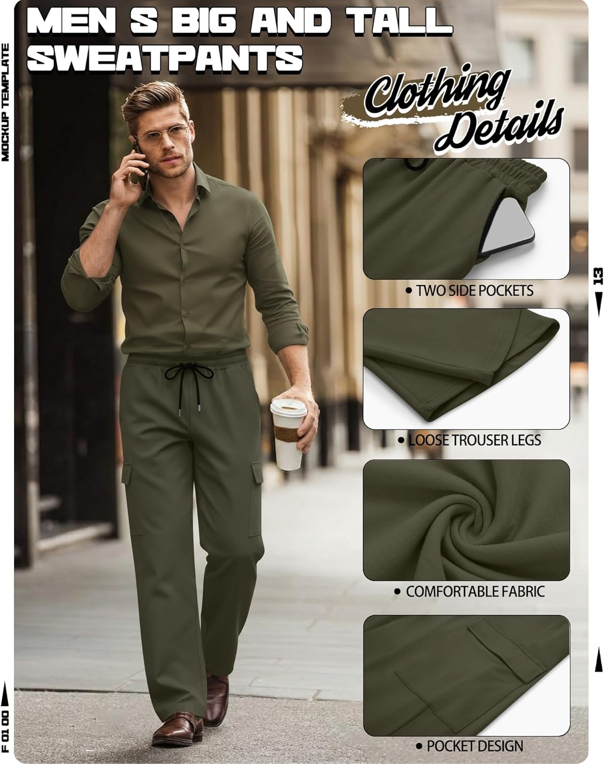 Neer 3 Pack Men's Big and Tall Cargo Sweatpants Baggy Wide Straight Leg Lightweight Open Bottom Drawstring Pants Pockets