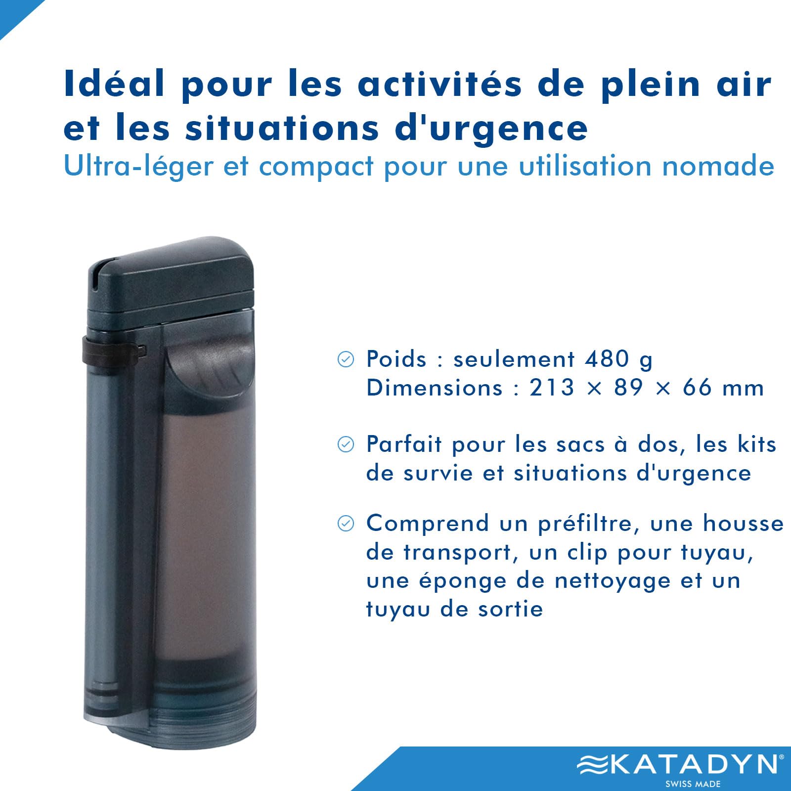 Filtre à eau Katadyn Explorer Outdoor à 2 étapes en fibres creuses | Camping, randonnée, expédition, voyage, survie en milieu naturel | Céramique + charbon actif | Jusqu'à 20 000 litres