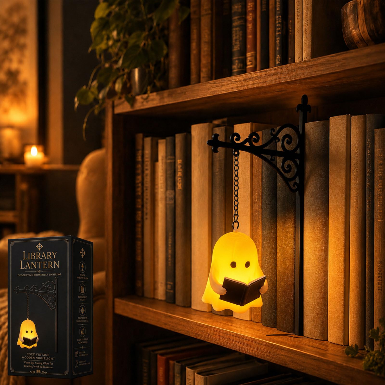 Tomtsucb Library Lantern-Decorative Bookshelf Lighting, 2-Pack Vintage LED Book Nook Lights with Bookend-Style Bases, Warm Bookshelf Lamps for Home Library, Study, Reading Corner & Book Lovers，1-B