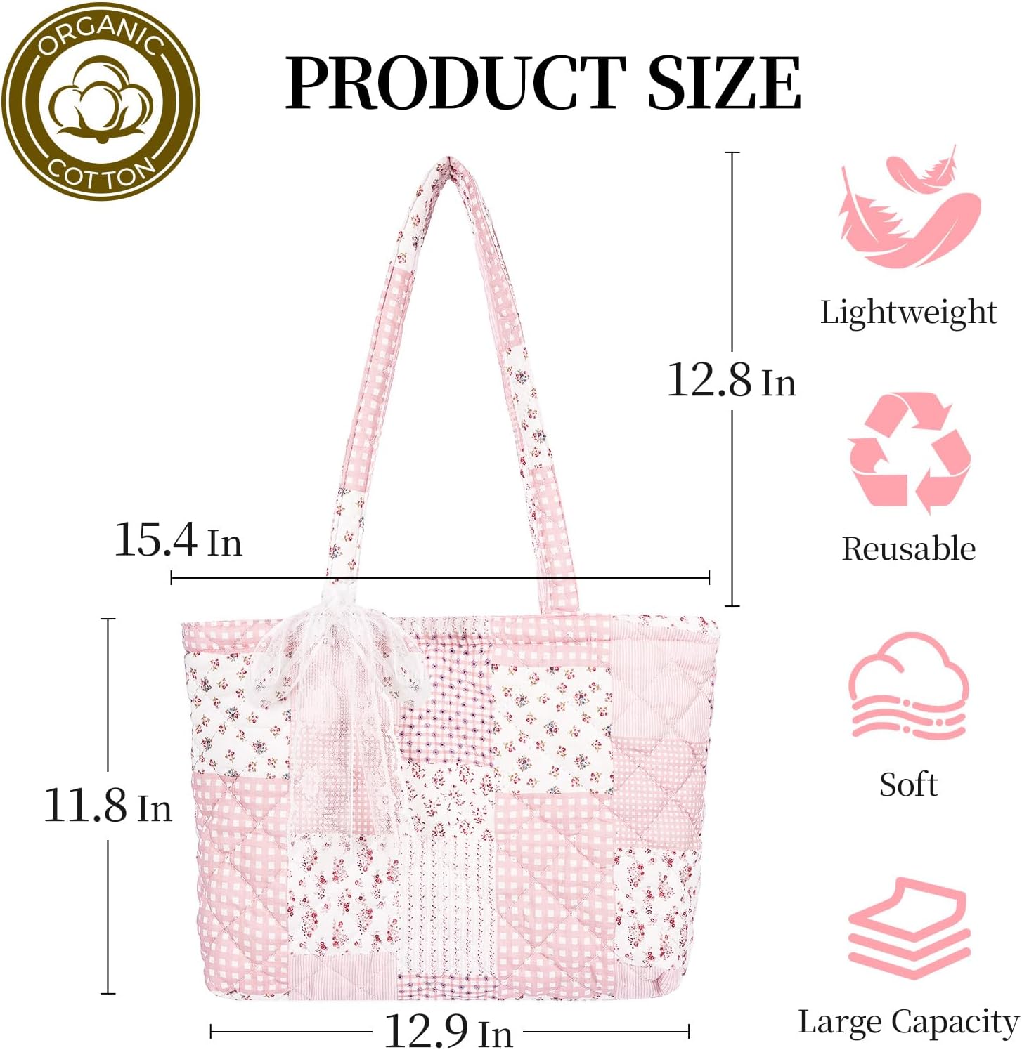 Quilted Small Tote Bag for Women, Lightweight Floral Shoulder Bag,Soft College Travel Work Bag Everyday Purse