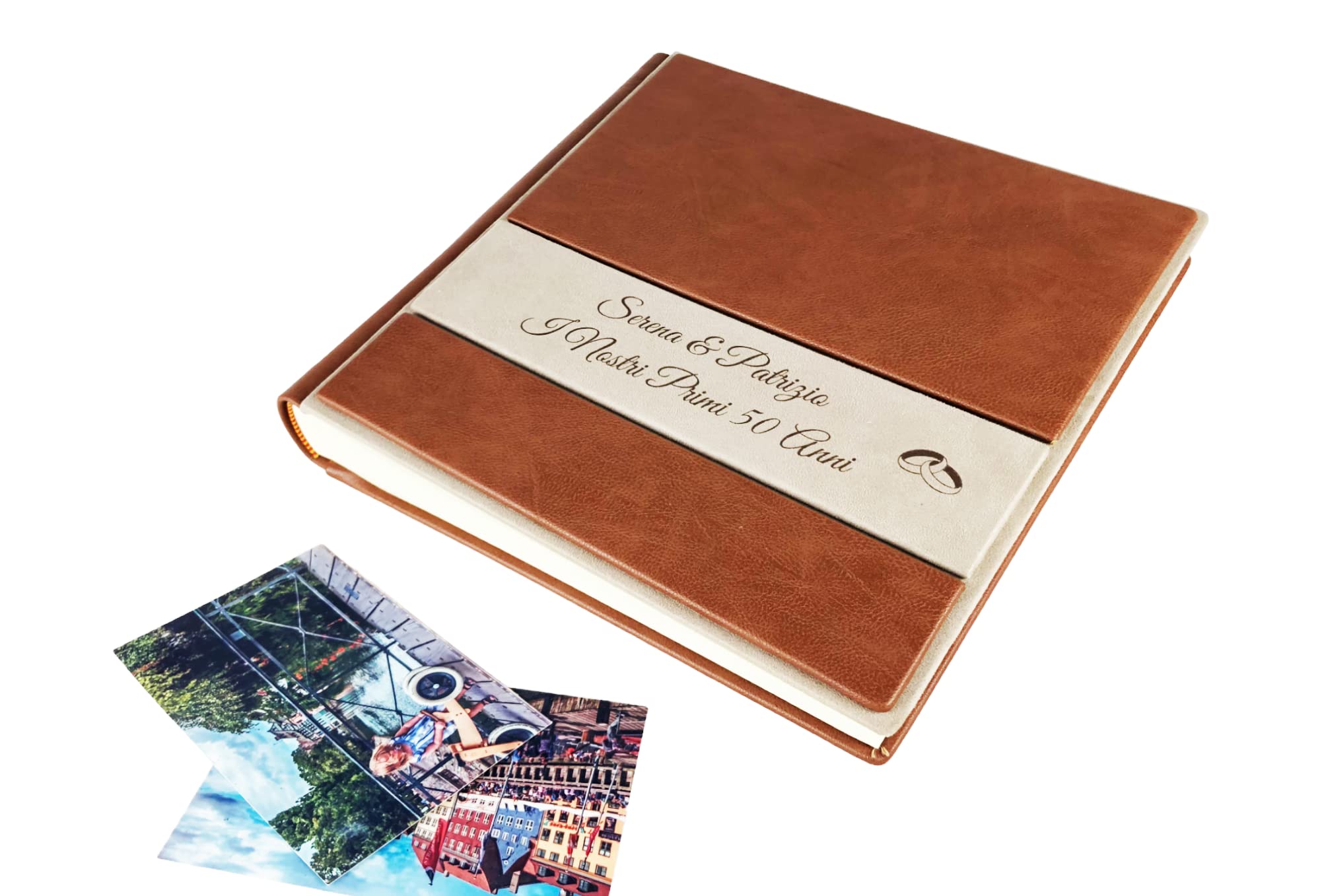 TriVin Art Album Fotografico Artigianale in Alcantara e Similpelle, Personalizzabile con Incisione. Ideale per Qualsiasi Evento. (Marrone Chiaro/Avorio)