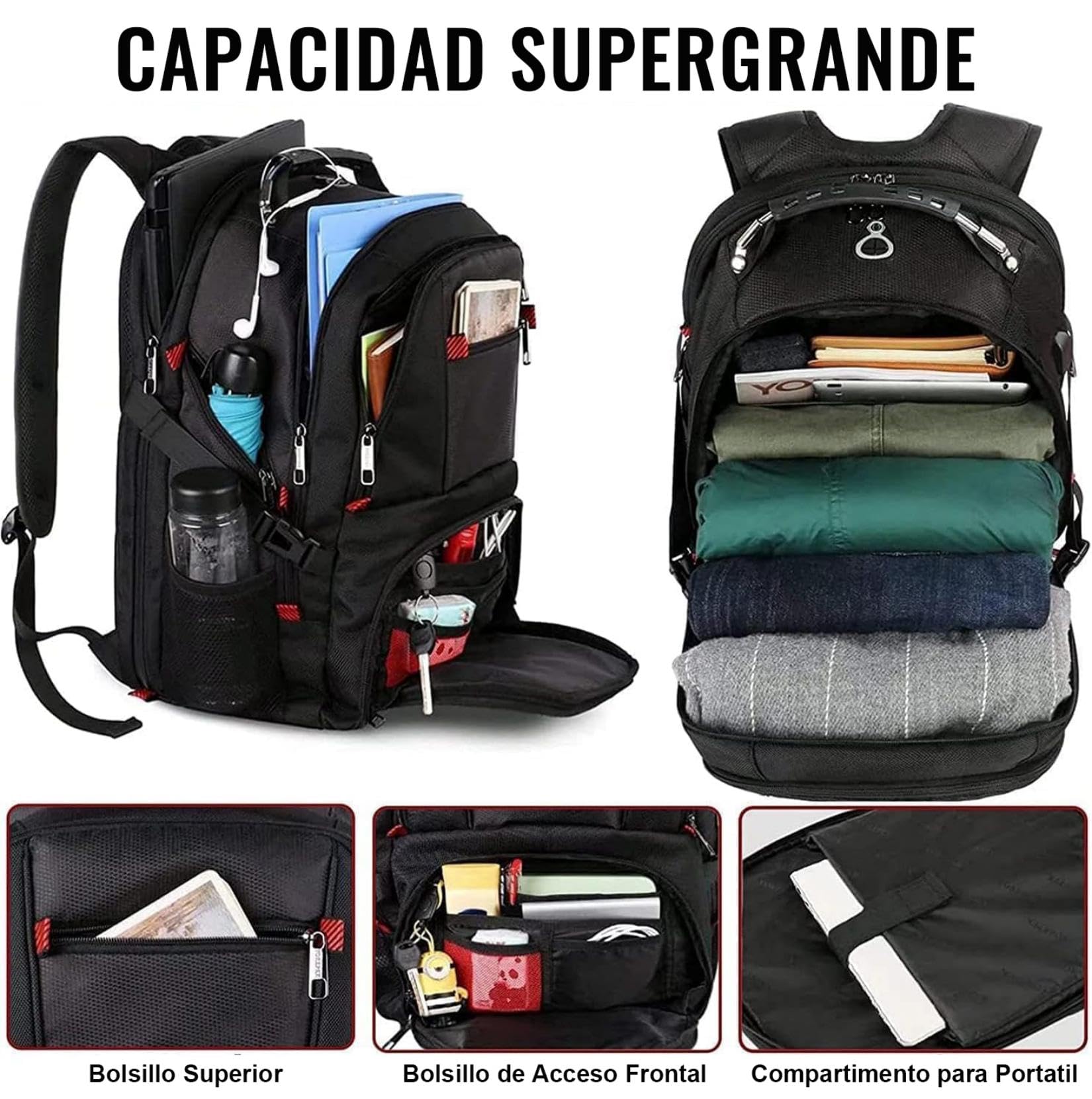 MATEIN Mochila Hombre Grande 50L, Mochila Portatil 17 Pulgadas con Compartimento Ordenador Portatil Multifuncional Impermeable Antirrobo para Negocio Diario Viaje Escolares, Negro