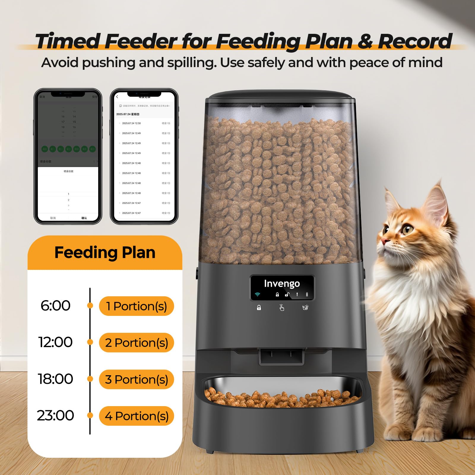 Invengo Automatic Cat Feeder with App Control, 5L Food Dispenser for Cats and Small Dogs, 2.4/5G Wi-Fi, Dual Power, Programmable Portions, Anti-Jam & Fresh-Lock, Stainless Steel Bowl, Easy to Clean - image 3
