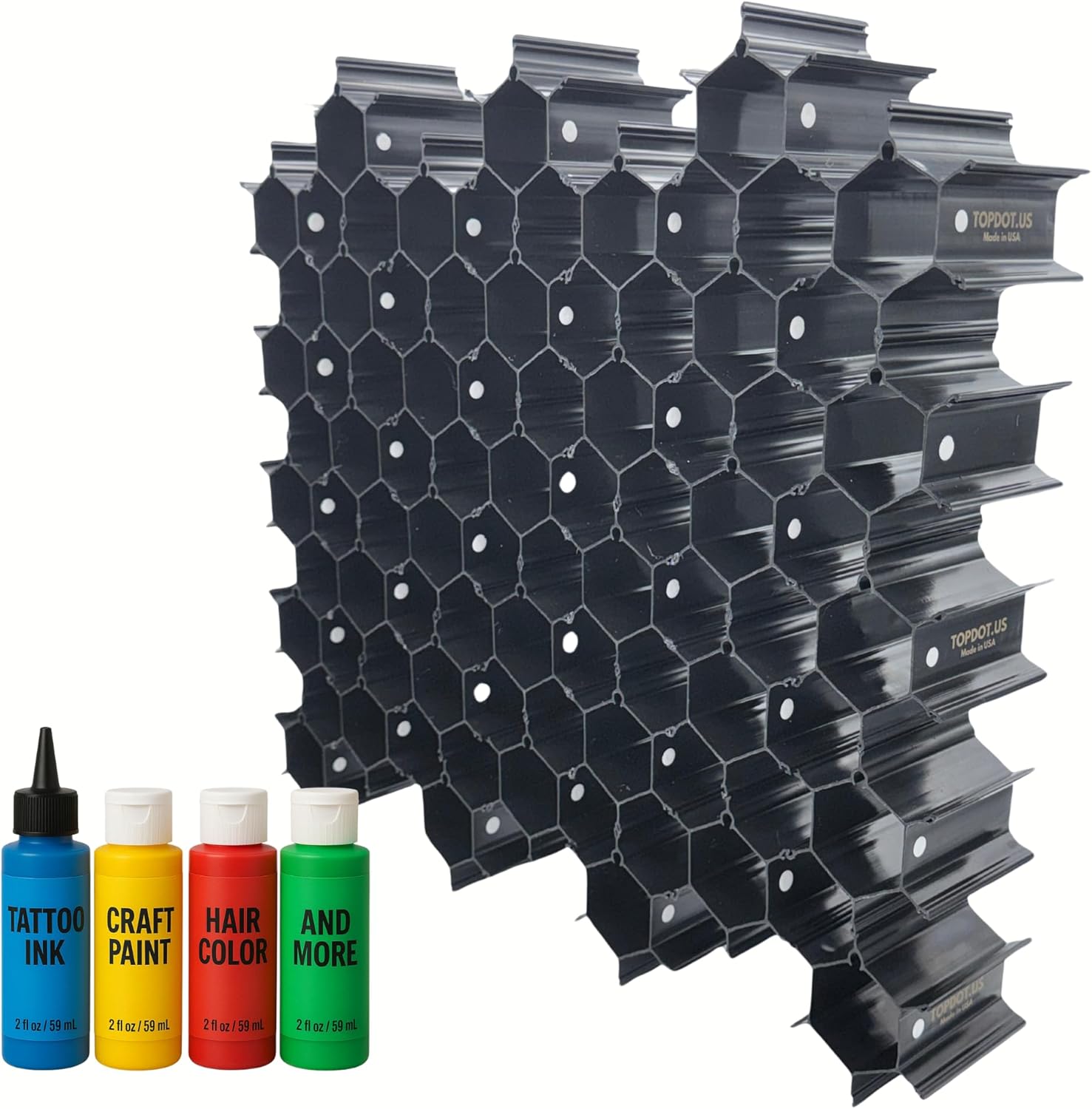 TopDot Storage Organizer for Tattoo Ink, Craft Paint, Hair Color – 35 Piece Set Holds 105 Bottles – Slide-Together Assembly – Made in USA